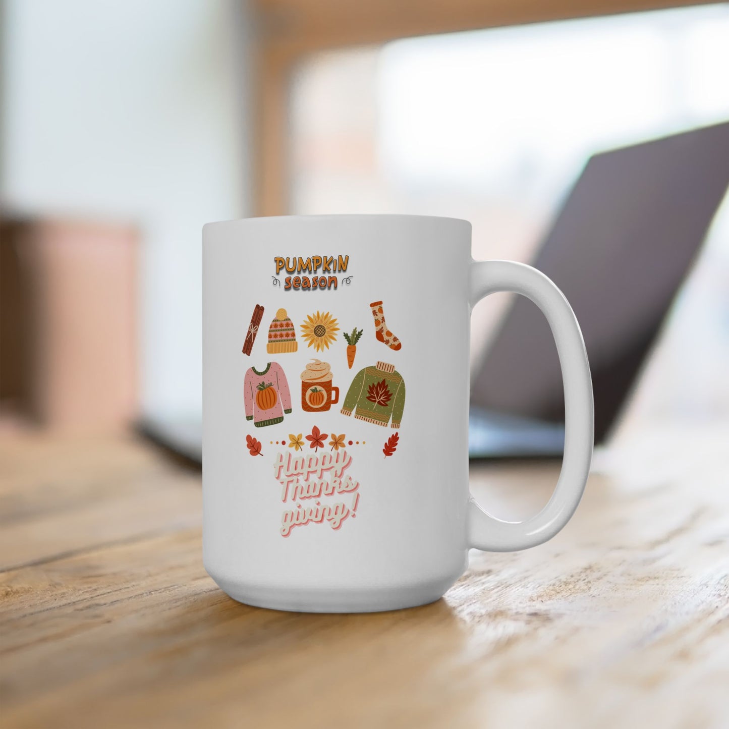 Journeys Happy Thanksgiving Pumpkin Season Ceramic Mug, White, (11oz, 15oz), Perfect Gift Mug for the Holidays, Mug for the Whole Family