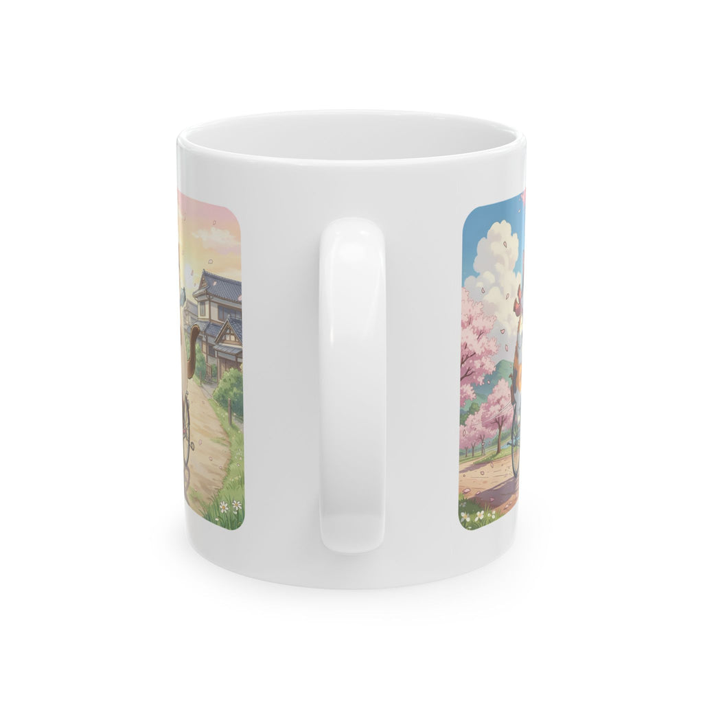 Kawaii Cats Riding Bikes in Sakura Japan White Ceramic Mug — Peaceful River Happy Paws Cup, 11o z & 15oz
