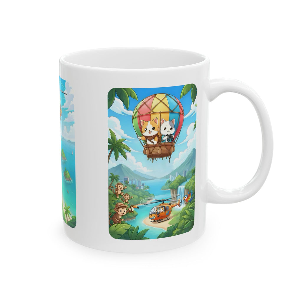 Tropical Chibi Cats Helicopter Adventure White Ceramic Mug — Kawaii Cats Hot Air Balloon Summer Cup (11oz & 15oz)