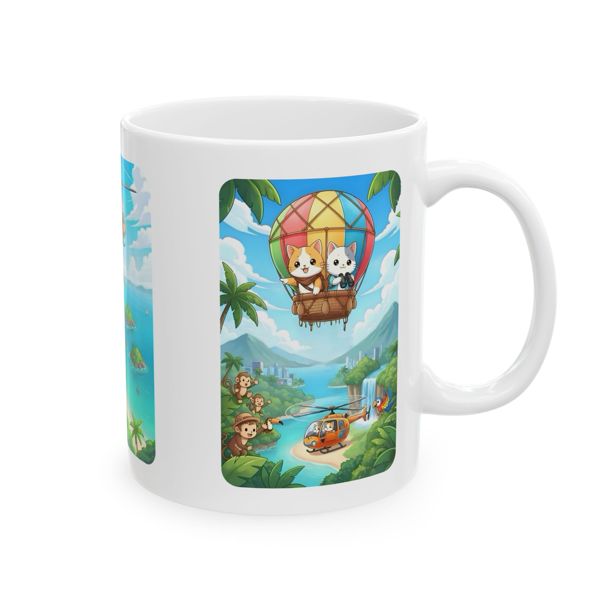 Tropical Chibi Cats Helicopter Adventure White Ceramic Mug — Kawaii Cats Hot Air Balloon Summer Cup (11oz & 15oz)