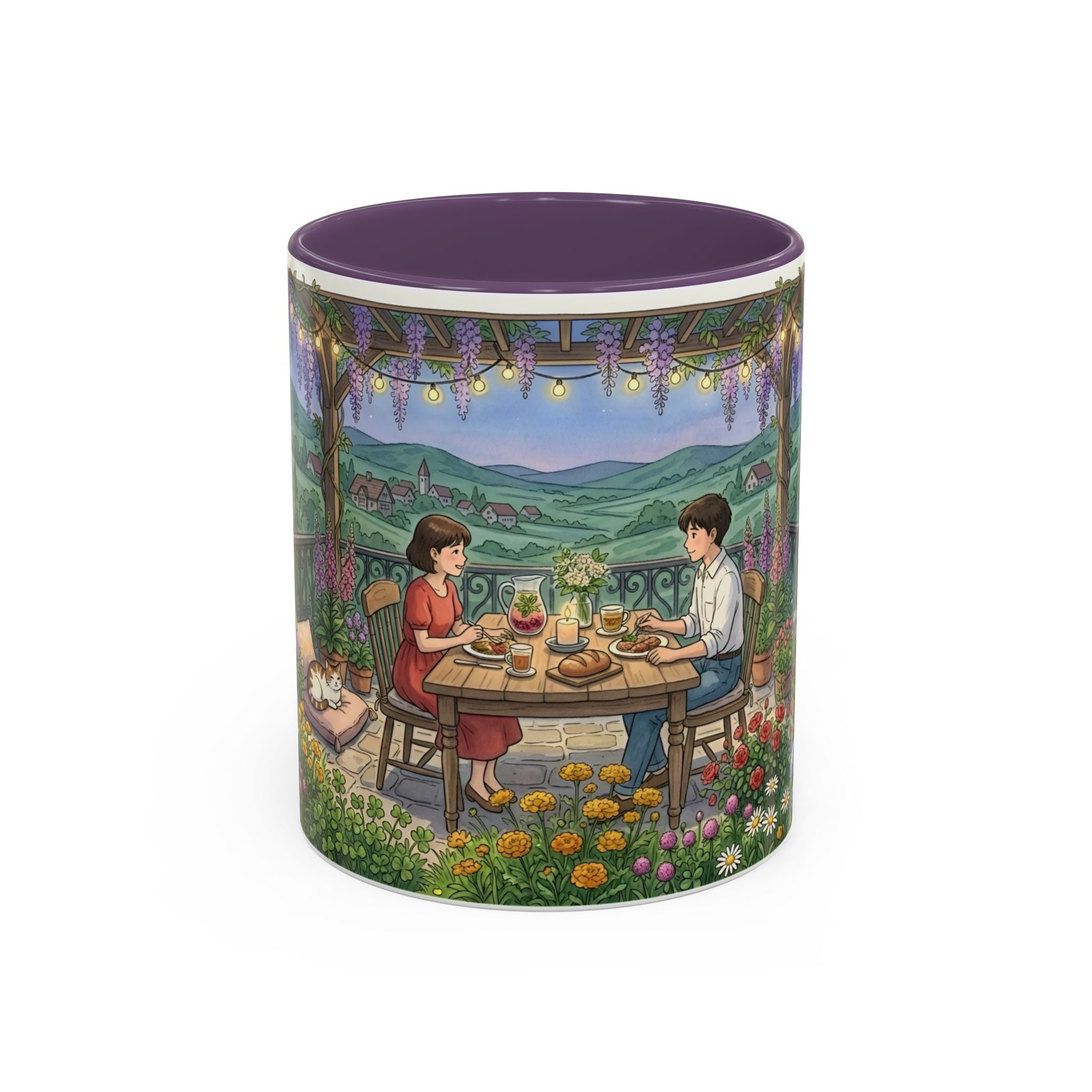 Cozy Romantic Garden Dinner Ceramic Mug — Couples Outdoor Bistro Cup (11 oz, 15 oz)