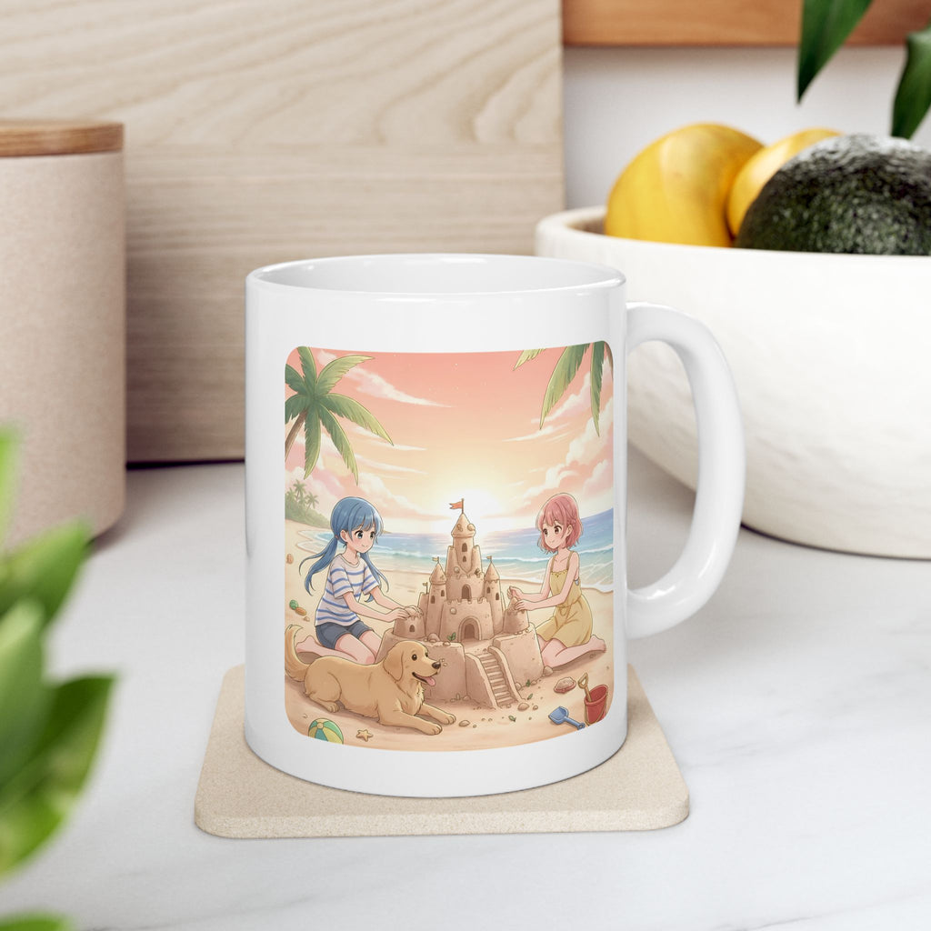 Sisters and BFF Summer Beach Sandcastle White Ceramic Mug — Tropical Manga Ocean Sunset and Golden Retriever Cup (11oz/15oz)