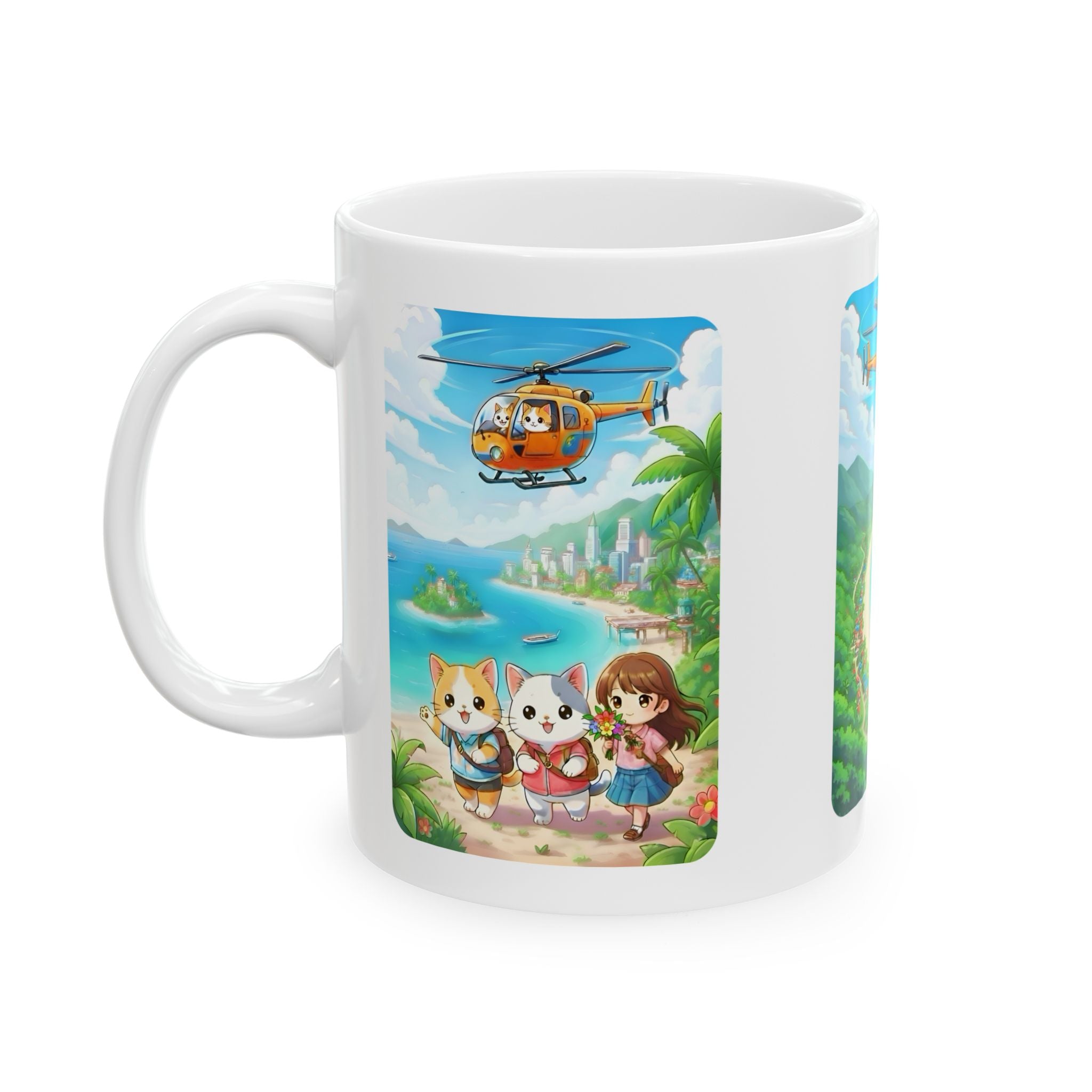 Tropical Chibi Cats Helicopter Adventure White Ceramic Mug — Kawaii Cats Hot Air Balloon Summer Cup (11oz & 15oz)