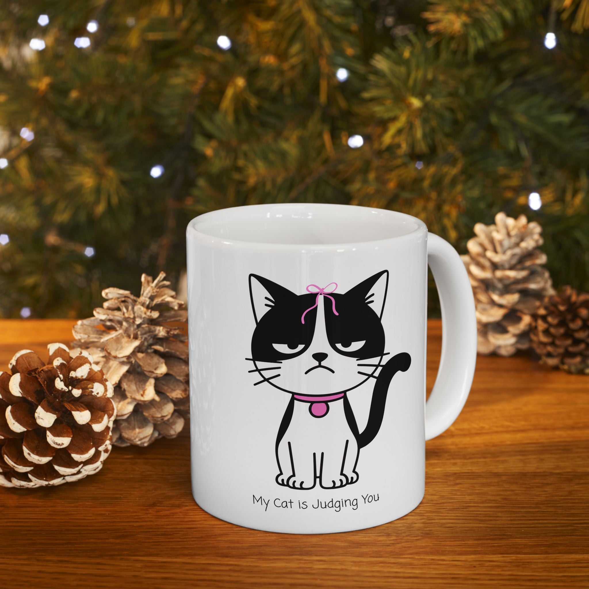 My Cat Is Judging You White Ceramic Mug — Cute Black & White Kitty Stare Down Tea Cup (11oz/15oz)