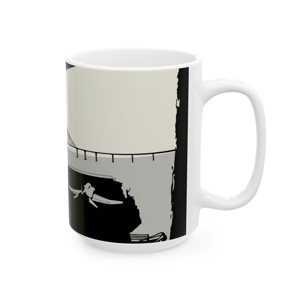 City Bridge Silhouette Scenic White Ceramic Mug – Waterfront Battleship View Cup (11 oz, 15 oz)