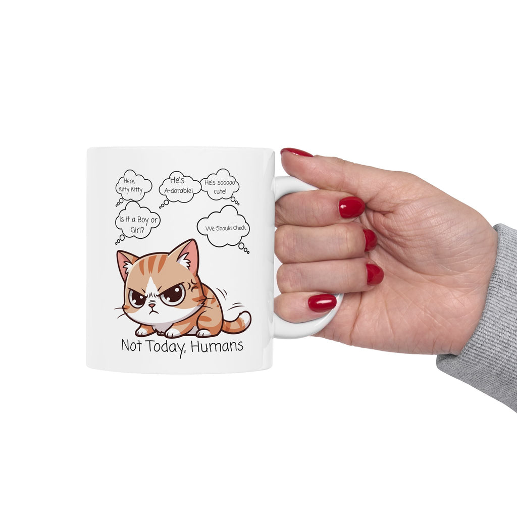 "Not Today, Humans" Grumpy Kitty White Ceramic Mug,  “Not Your Purr-son” Sassy Tea Cup (11oz & 15oz)