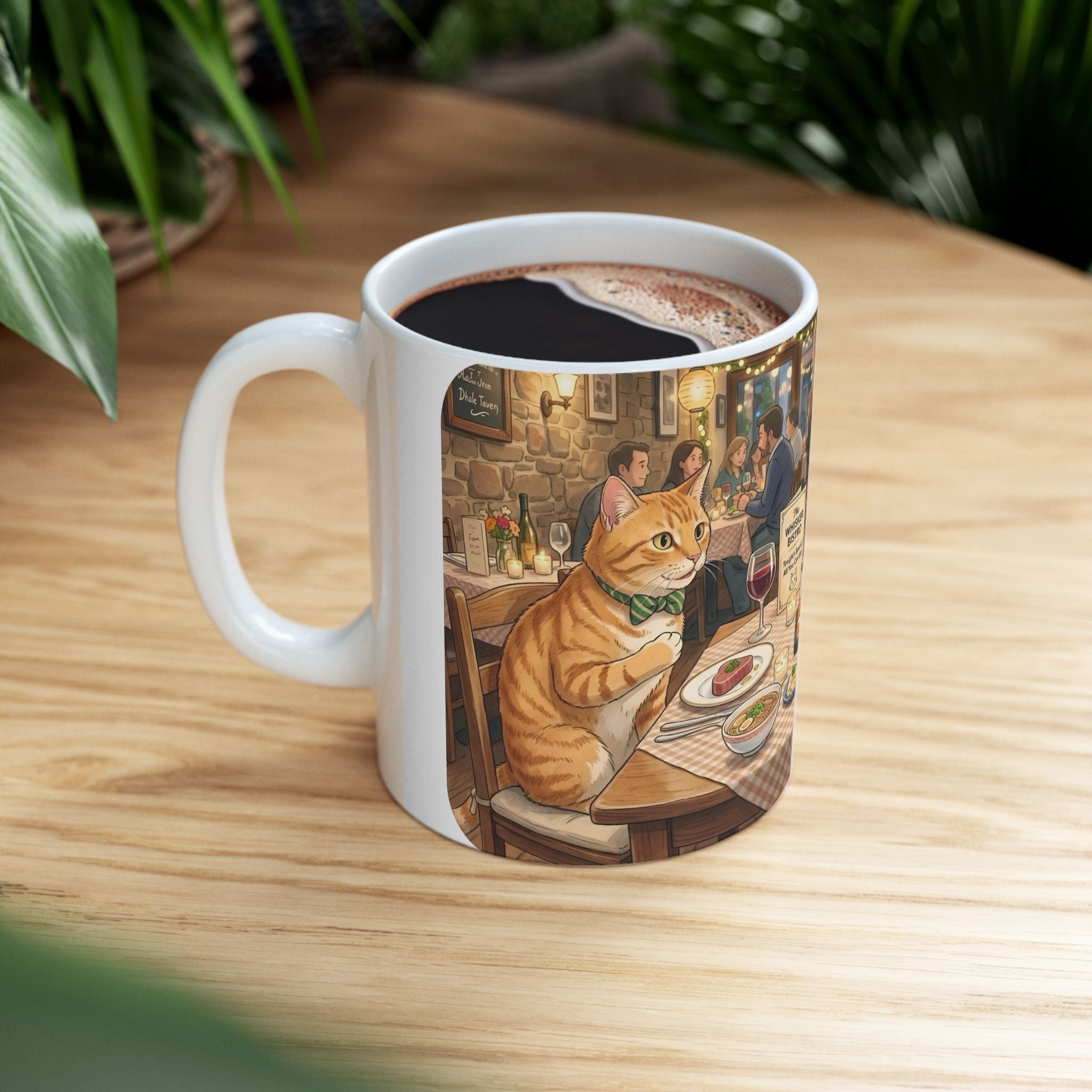 Cat Ghibli Whisker Bistro White Ceramic Mug — Cozy Feline Tapas Cafe Cup (11oz/15oz)