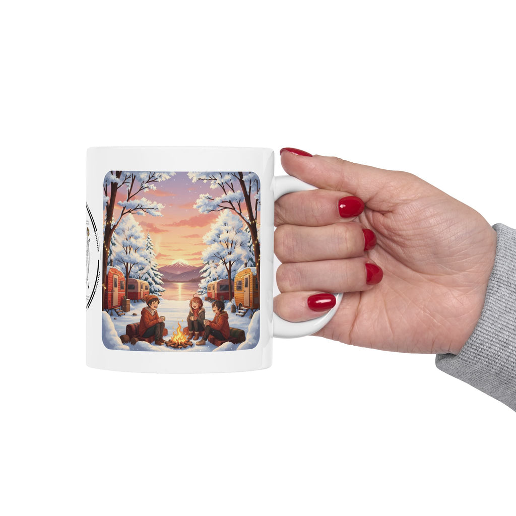 Autumn Leaves & Winter Snow Sunset White Ceramic Mug — Cozy Camping Fall & Winter Cottagecore Cup (11oz & 15oz)
