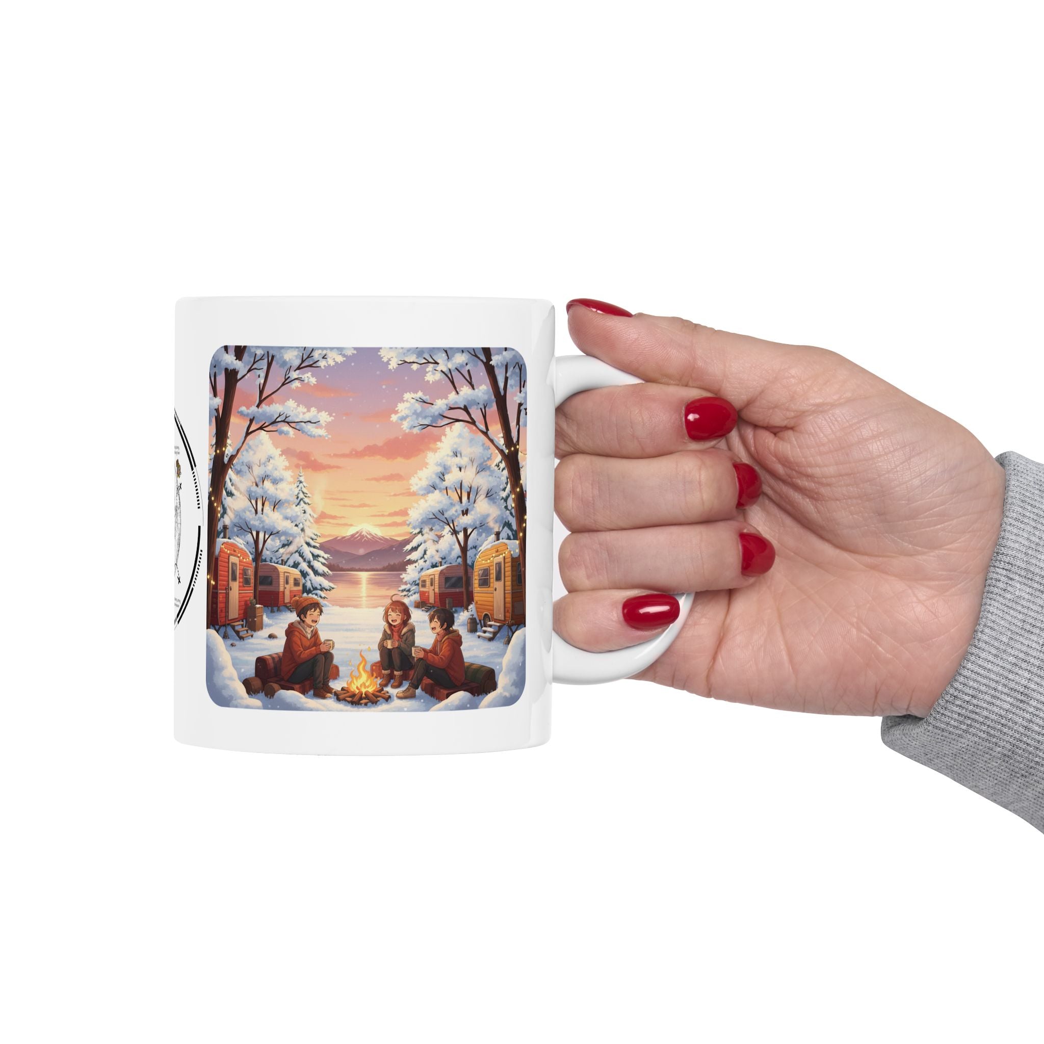 Autumn Leaves & Winter Snow Sunset White Ceramic Mug — Cozy Camping Fall & Winter Cottagecore Cup (11oz & 15oz)