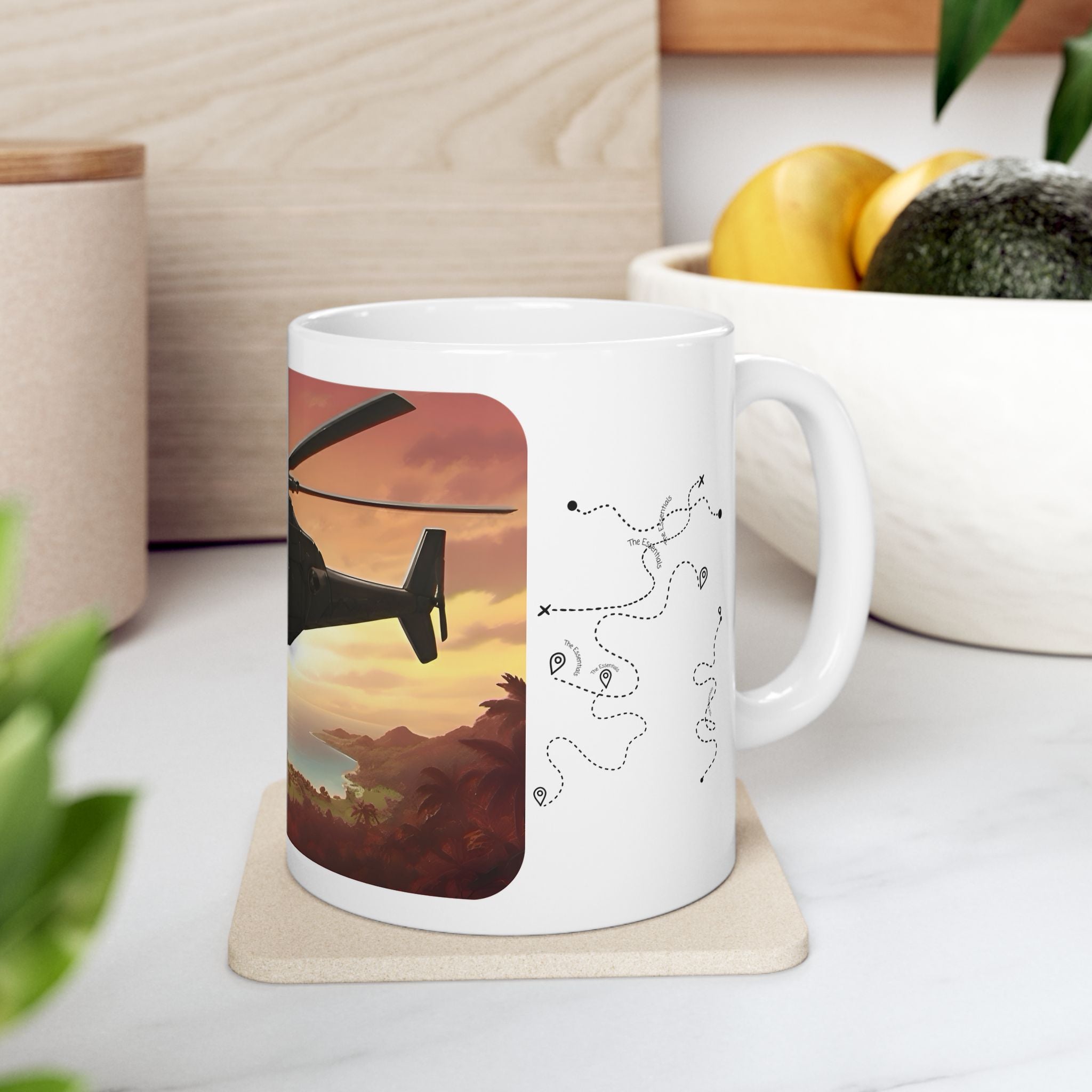 Anime Helicopter Adventure #2 Sunset Beach White Ceramic Mug – Celebrating Companionship, Creativity & Life’s Little Wonders Cup (11oz/15oz)