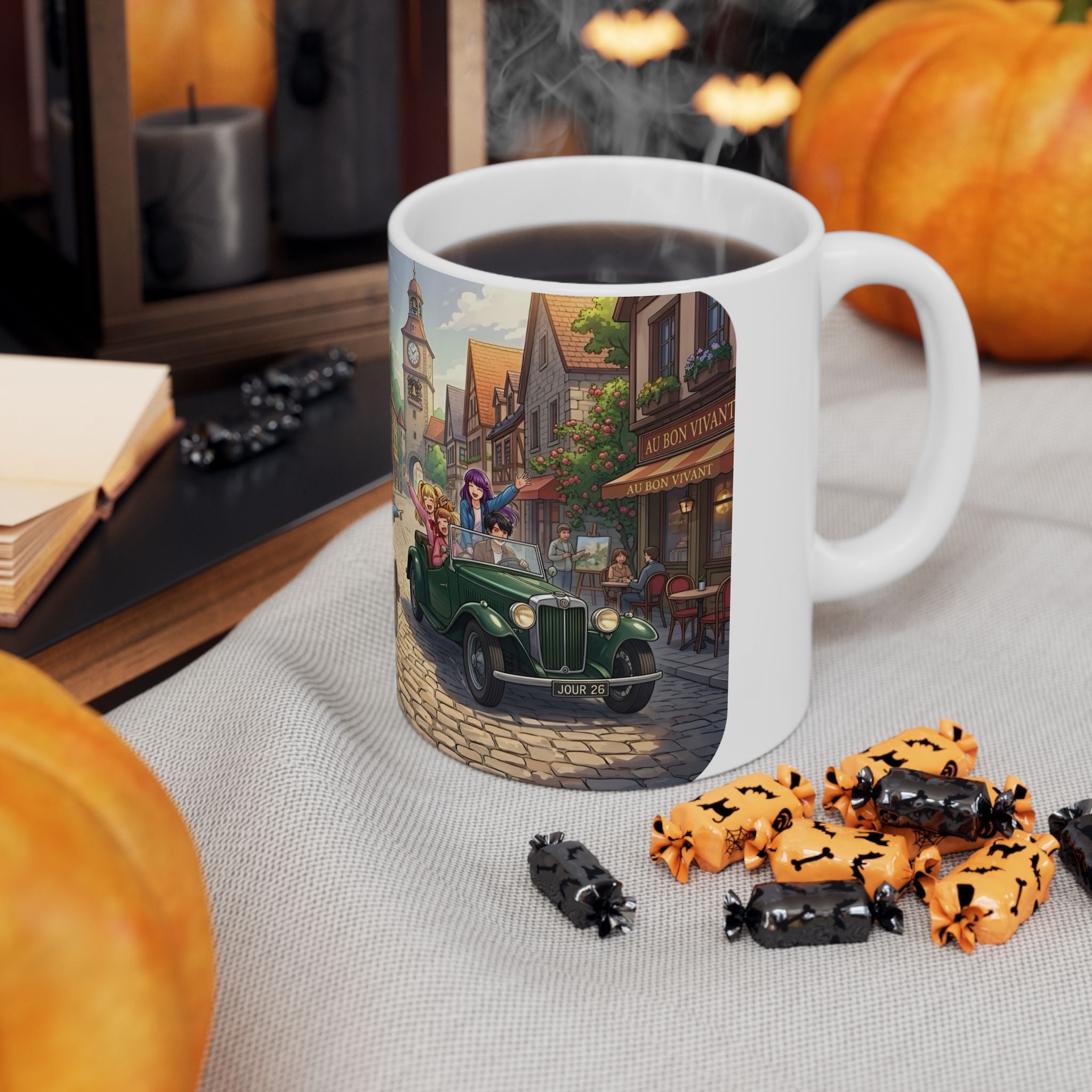 Vintage Village Roadtrip #1 White Ceramic Mug — Classic Cars & Happy Town Friends Cup (11oz, 15oz)