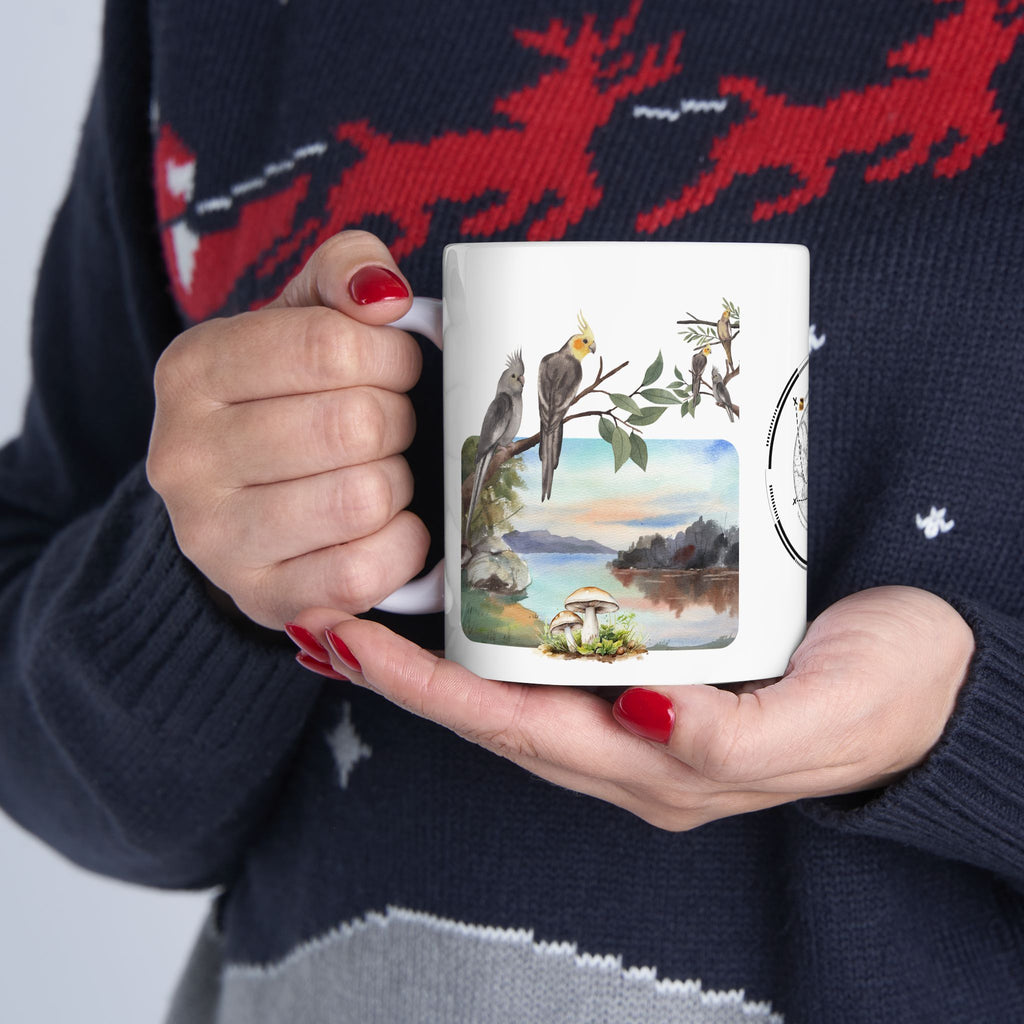 Joy of Life Tranquil Morning White Ceramic Mug — Serene Wilderness Lake Cup (11oz/15oz)