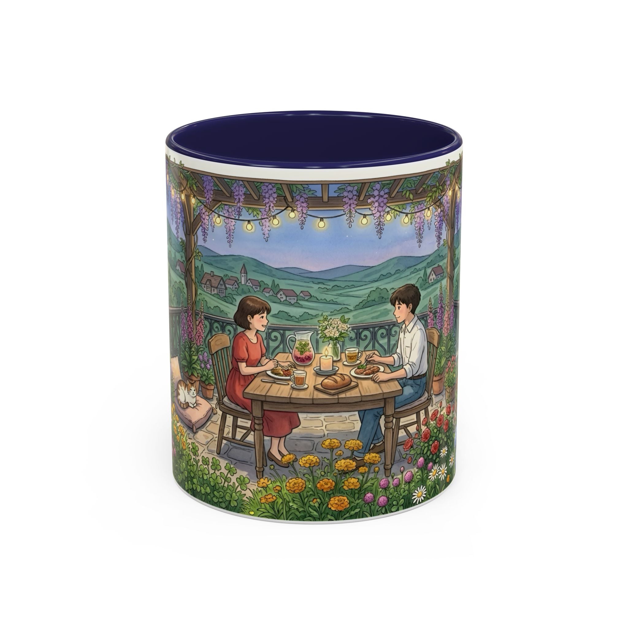 Cozy Romantic Garden Dinner Ceramic Mug — Couples Outdoor Bistro Cup (11 oz, 15 oz)