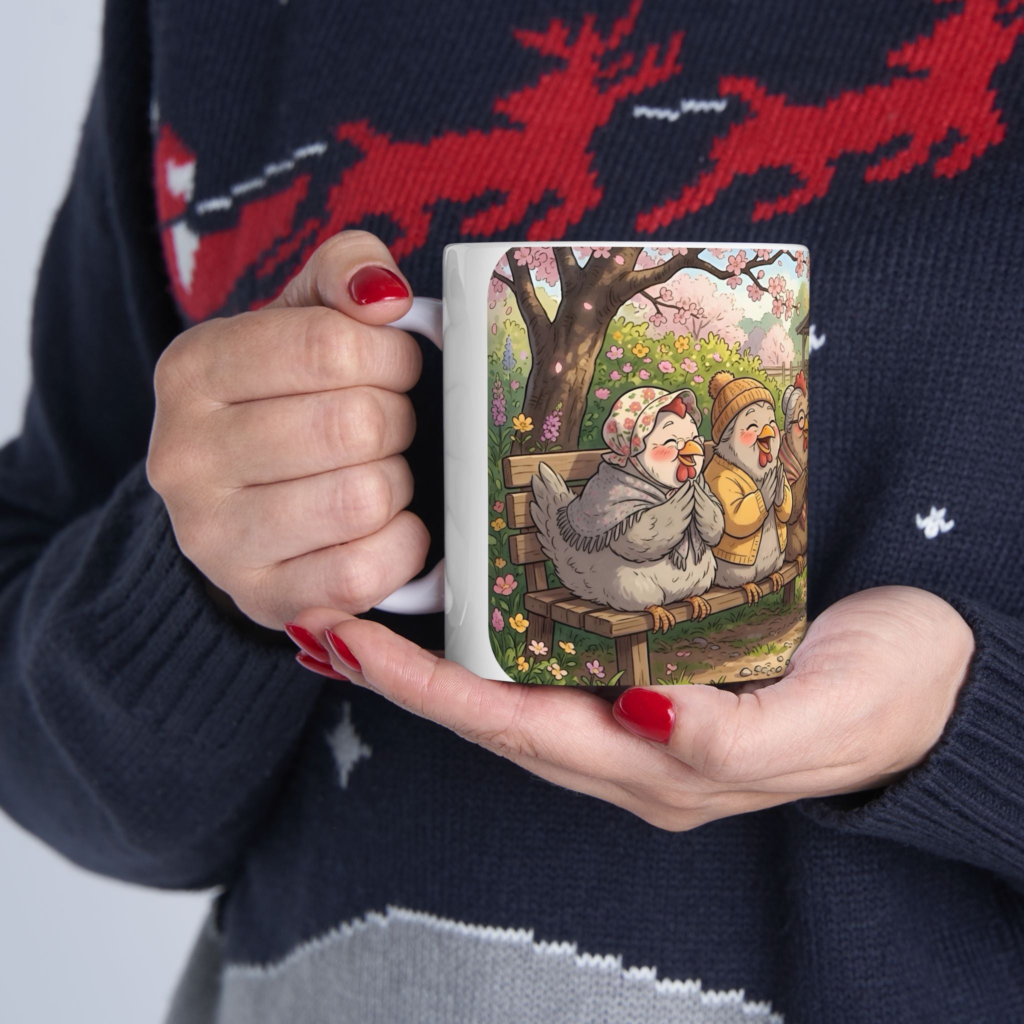 Spring Rooster & Chickens White Ceramic Mug — Cute & Cozy Country Farm Tea Cup (11oz/15oz)