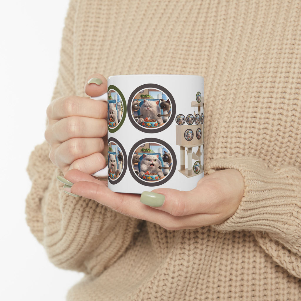 Realatable Cat Tower Collage White Ceramic Mug — Don't Bother Me Cute Personified Cup (11oz, 15oz)