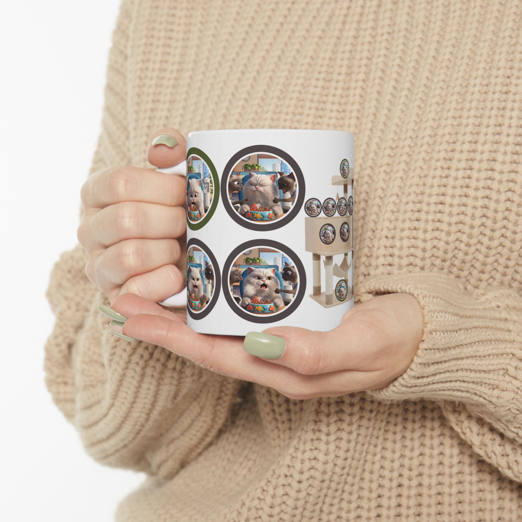Realatable Cat Tower Collage White Ceramic Mug — Don't Bother Me Cute Personified Cup (11oz, 15oz)