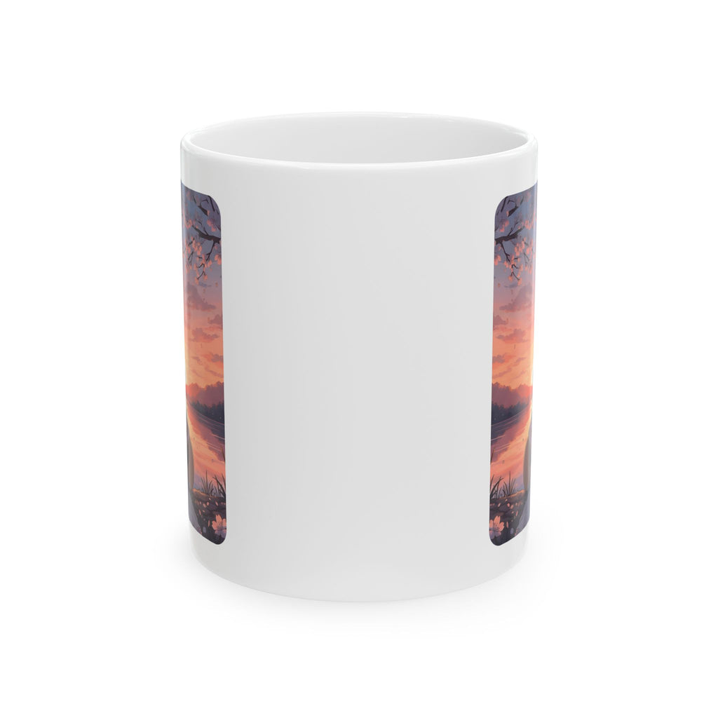 Little Melody Anime Sunset Reflections White Ceramic Mug — Scenic Cherry Blossom Mountain Lake Guitar Cup (11oz, 15oz)