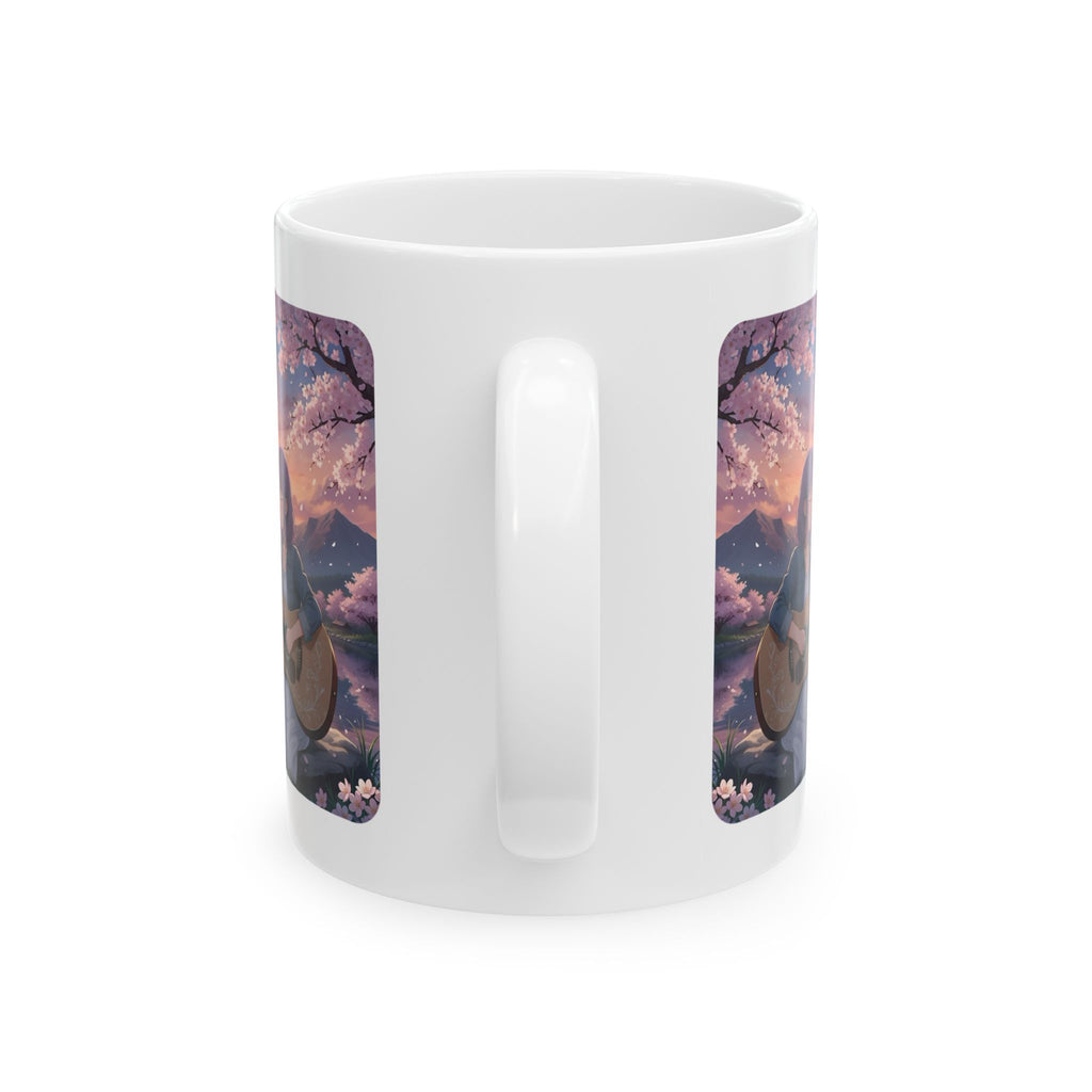 Cozy Sakura Guitarist Cherry Blossom White Ceramic Mug — Romantic Sunset Lake Melody Floral Tea Cup (11oz/15oz)