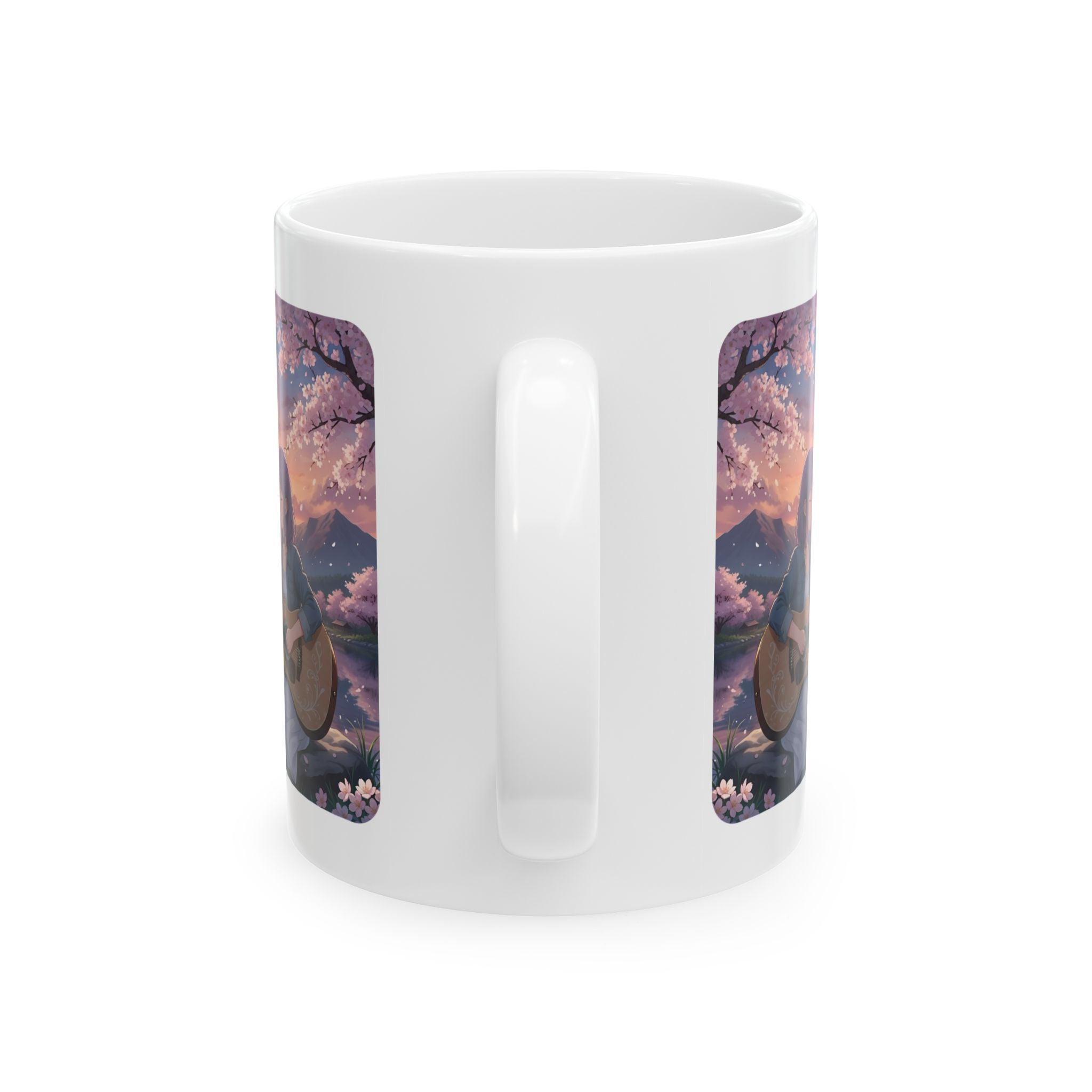 Cozy Sakura Guitarist Cherry Blossom White Ceramic Mug — Romantic Sunset Lake Melody Floral Tea Cup (11oz/15oz)