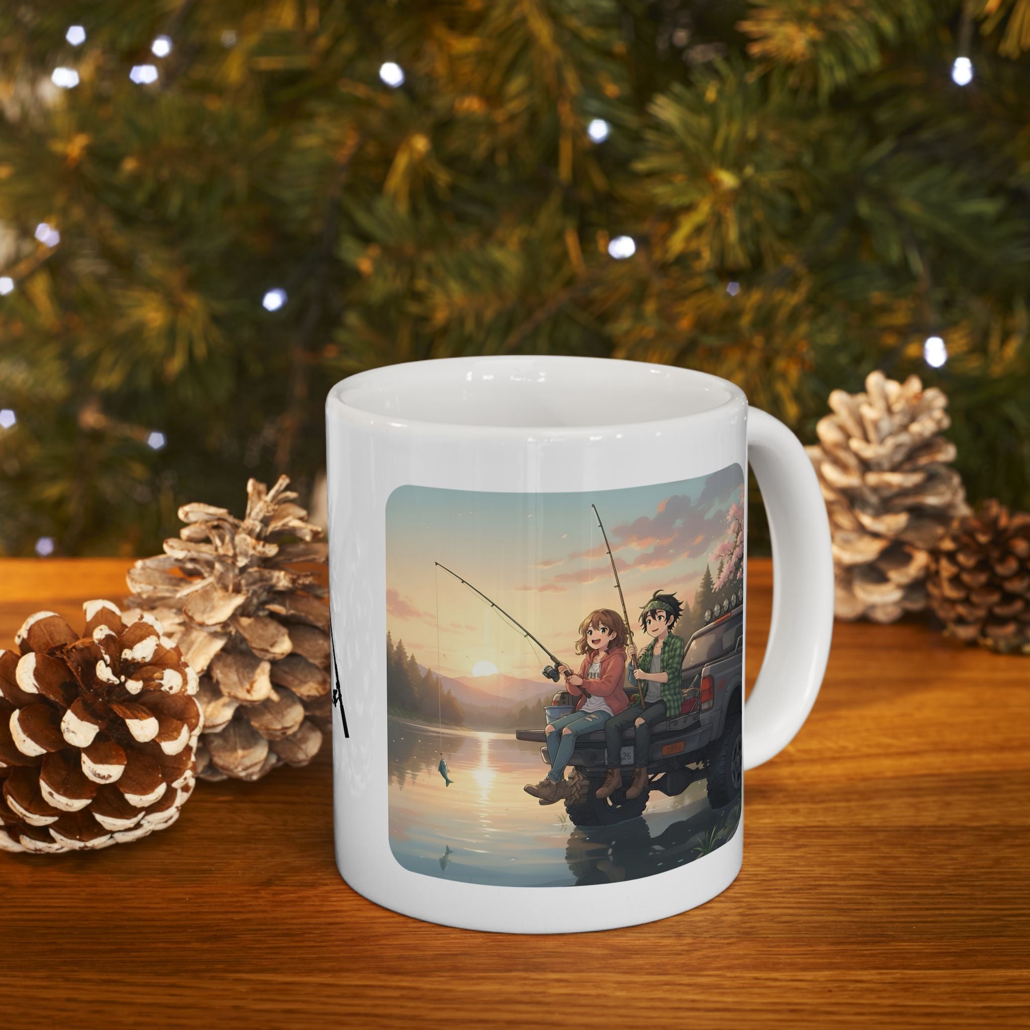 Romantic Sunset Lake Fishing Couple White Ceramic Mug — Sunrise Lake, Truck & Rod Anime Camping Adventure 11oz/15oz