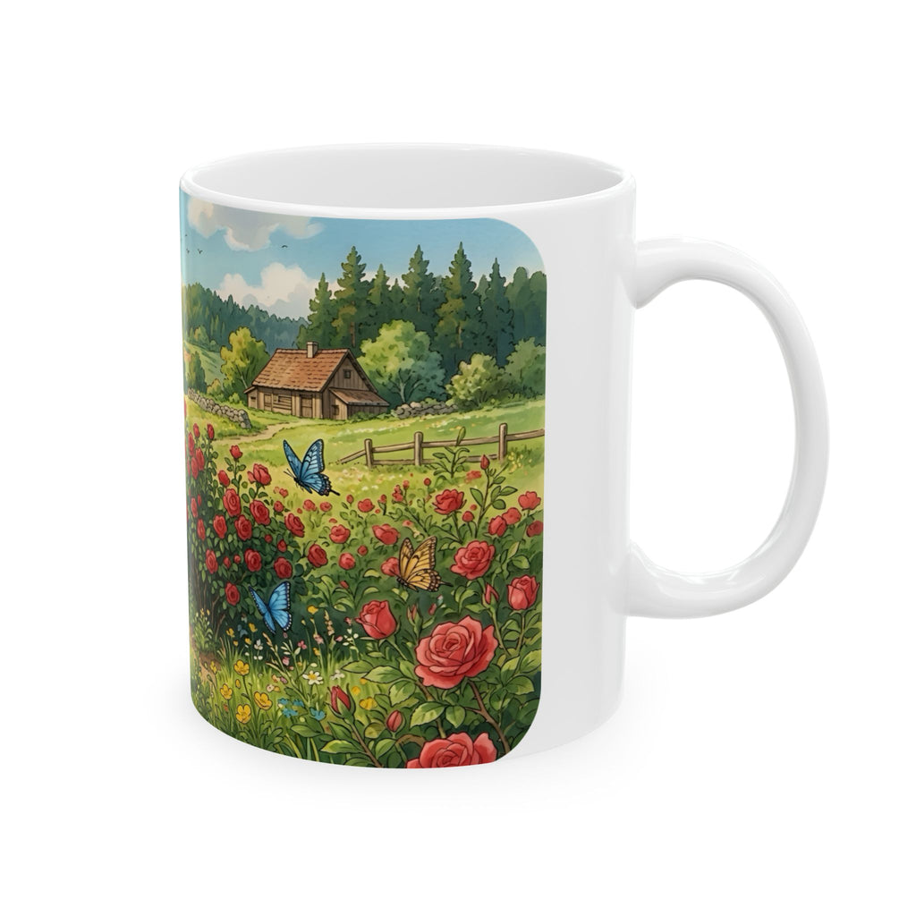 Scenic Countryside White Ceramic Mug — Floral Garden & Butterflies 11oz/15oz