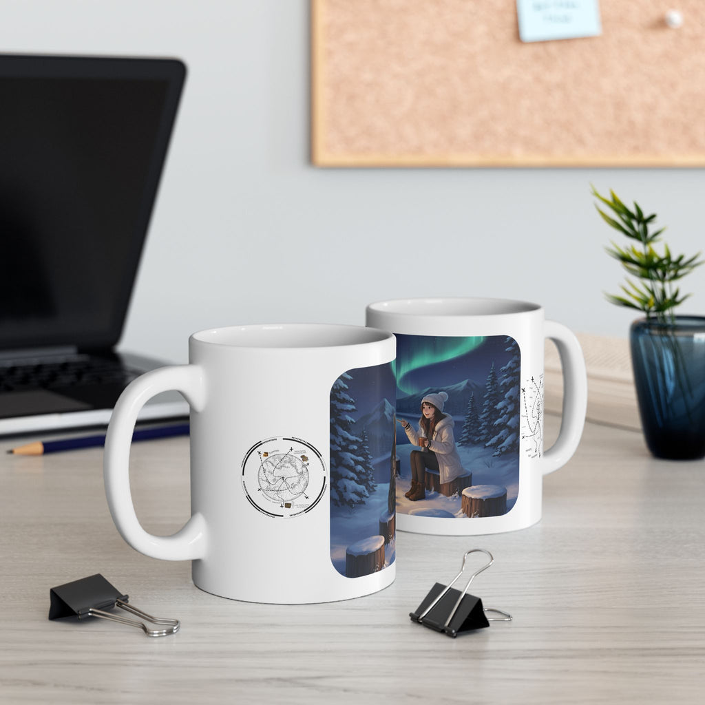 Cozy Aurora Borealis Friends Under The Northern Lights White Ceramic Mug — Starry Wintry Night Sky & World Map To Explore Cup (11oz, 15oz)