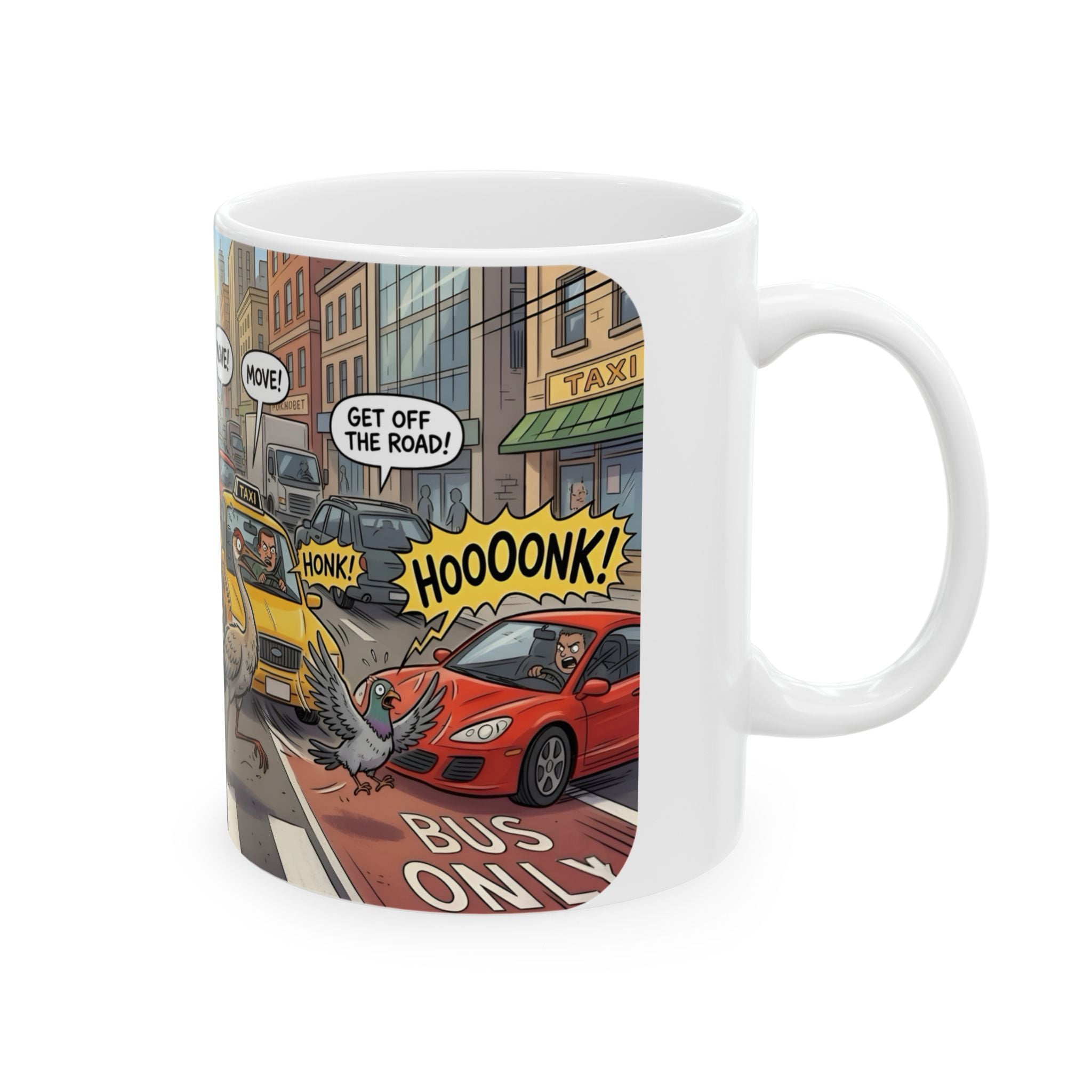 Gator, Crane, and Pidgeon Crossing White Ceramic Mug — Alligator & Bird Traffic Jam Cup (11 oz, 15 oz)