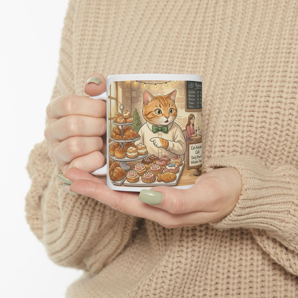 Cat-Astrophe Café White Ceramic Mug — Cute Cat Bakery Date Cup (11oz & 15oz)