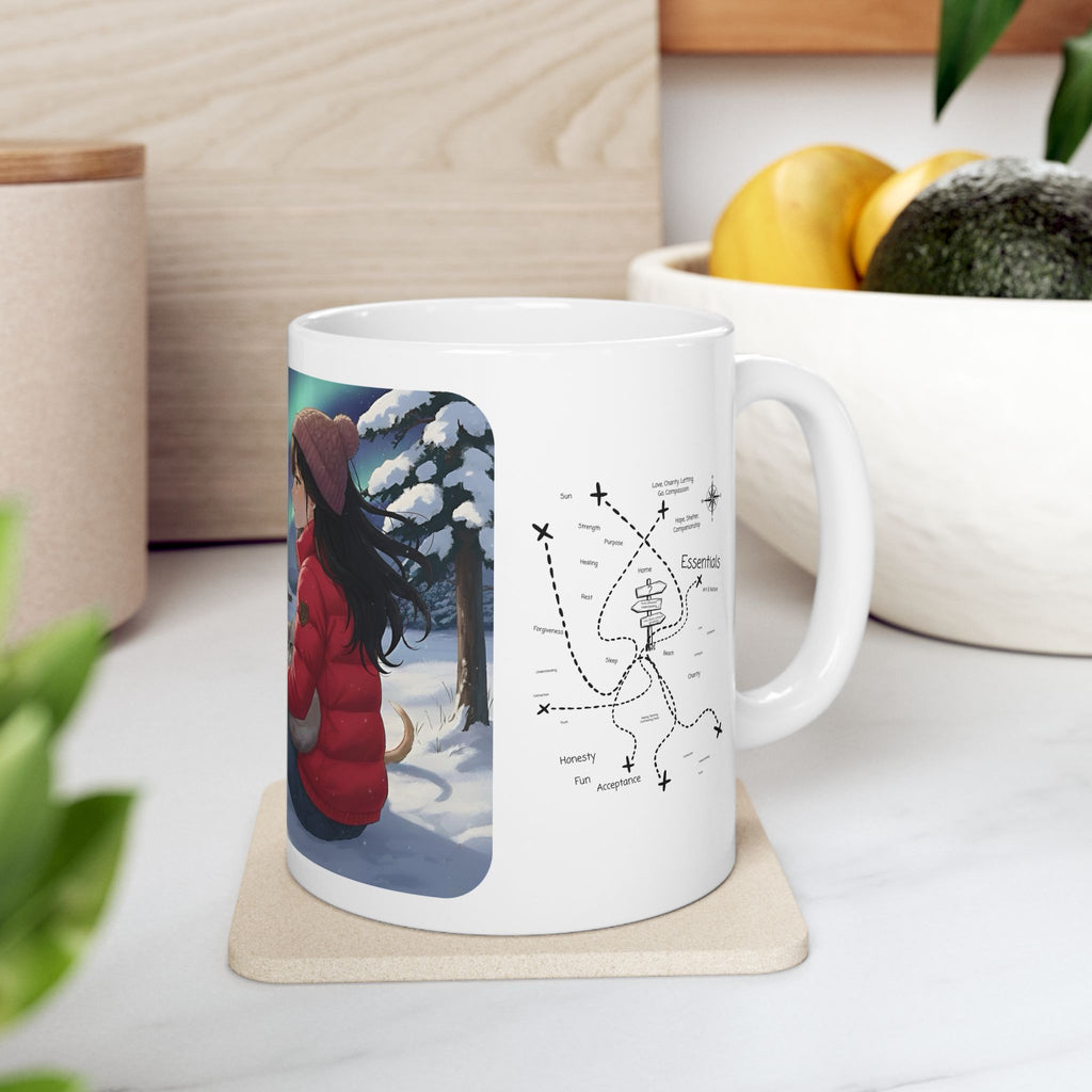 Cozy Winter Night Sky & Reindeer Charm Anime White Ceramic Mug — Greyhound & Siberian Cat under Northern Lights Cup (11oz, 15oz)