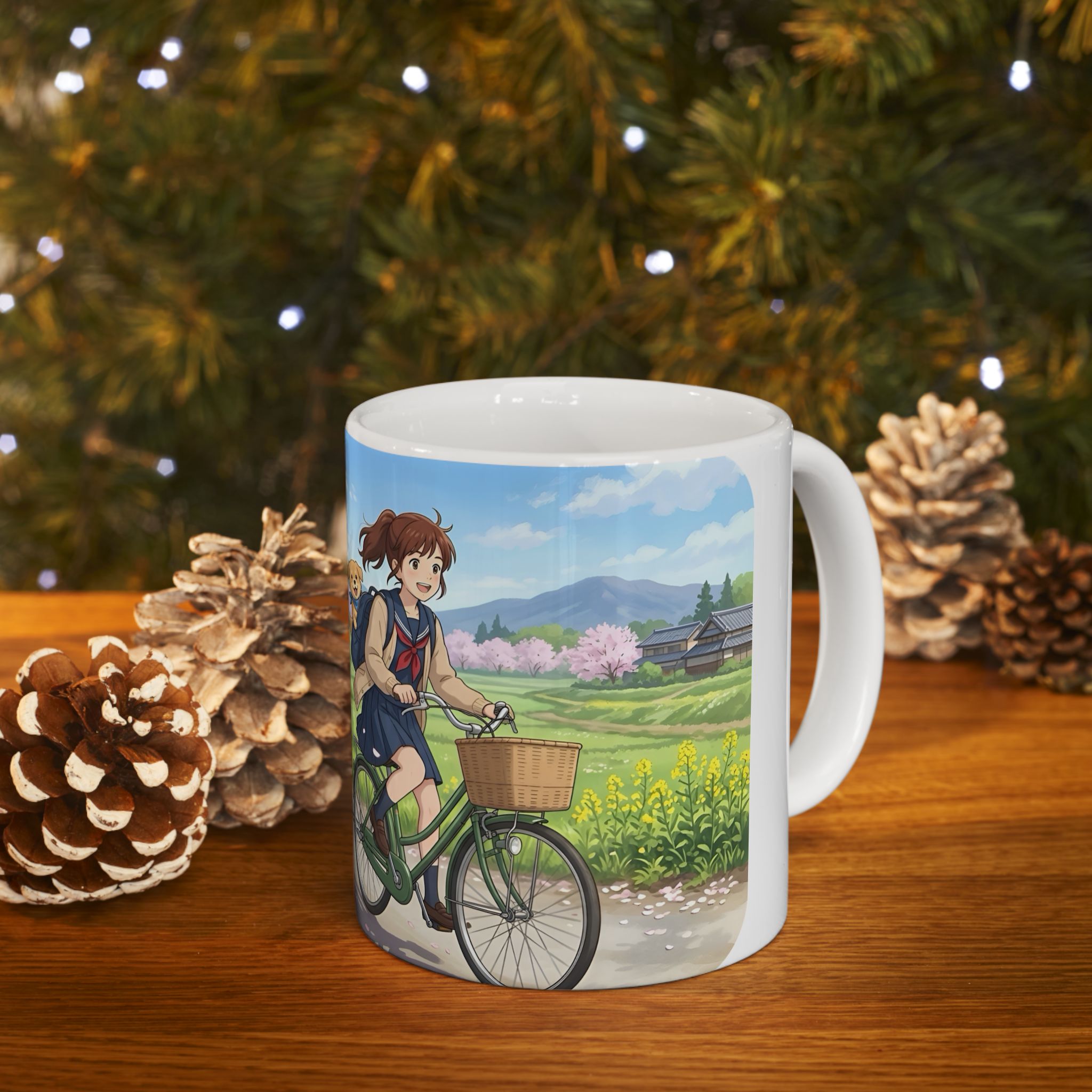 A Quiet Moment of Escape White Ceramic Mug — Sunlit Spring Sakura Cycling Cup (11oz, 15oz)