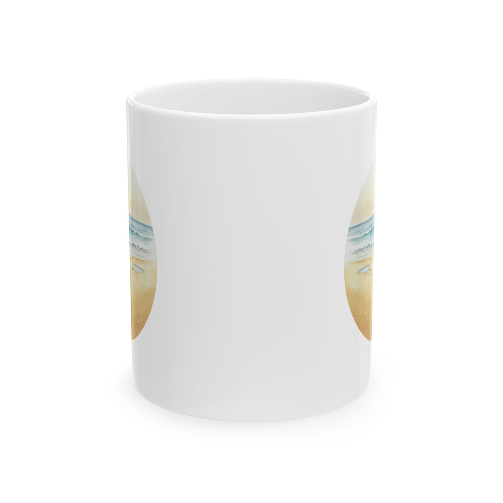 Sea Shore With Footprints In The Sand White Ceramic Mug — Beach Waves Getaway To Tranquility (11oz & 15oz)