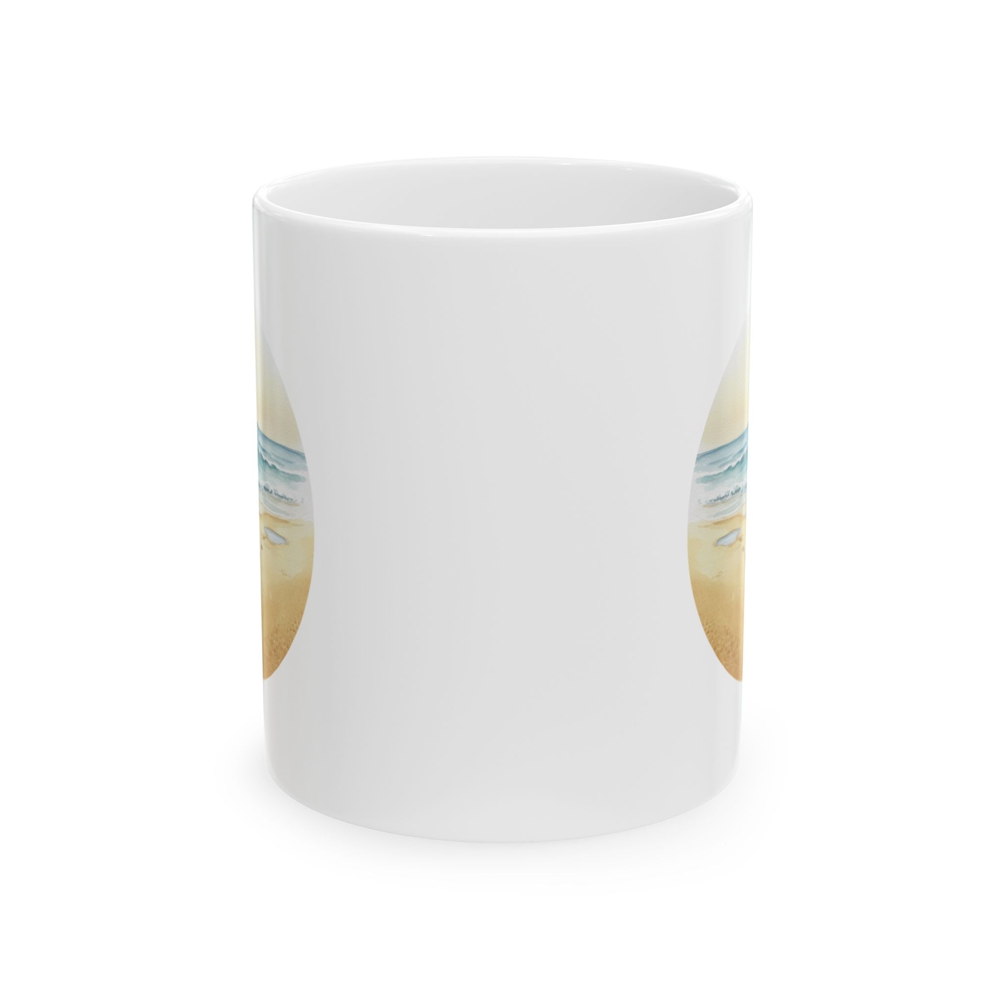 Sea Shore With Footprints In The Sand White Ceramic Mug — Beach Waves Getaway To Tranquility (11oz & 15oz)