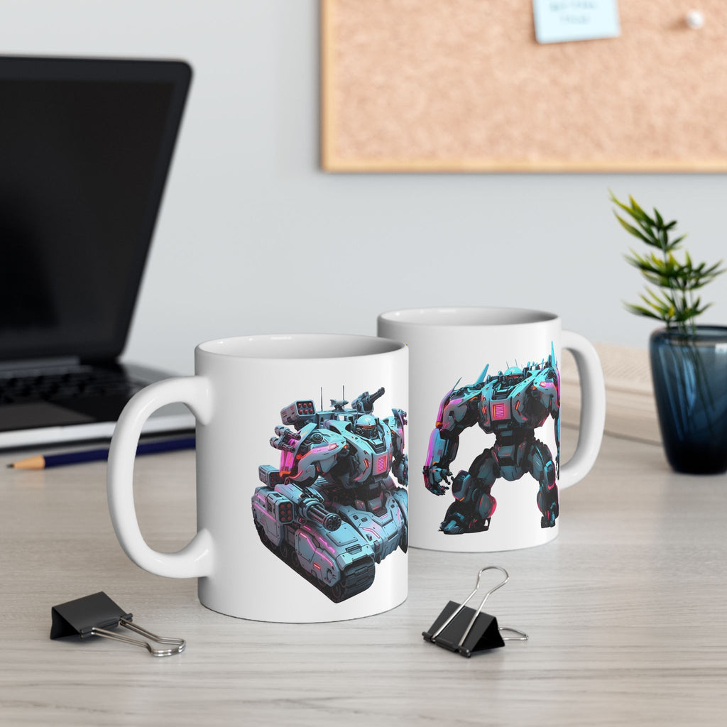 'The Meks' Sci‑Fi Mech Robot #7 White Ceramic Mug (11oz & 15oz), Retro Cyberpunk Tea Cup