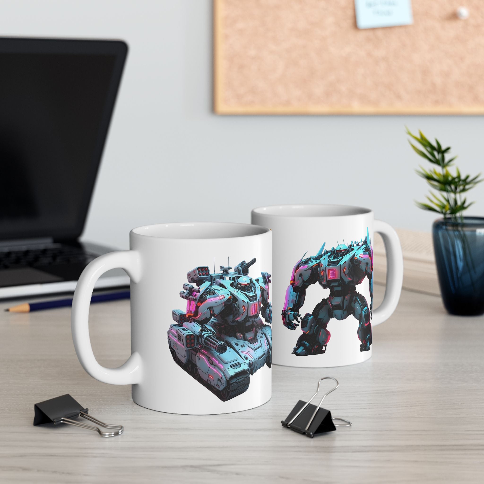 'The Meks' Sci‑Fi Mech Robot #7 White Ceramic Mug (11oz & 15oz), Retro Cyberpunk Tea Cup