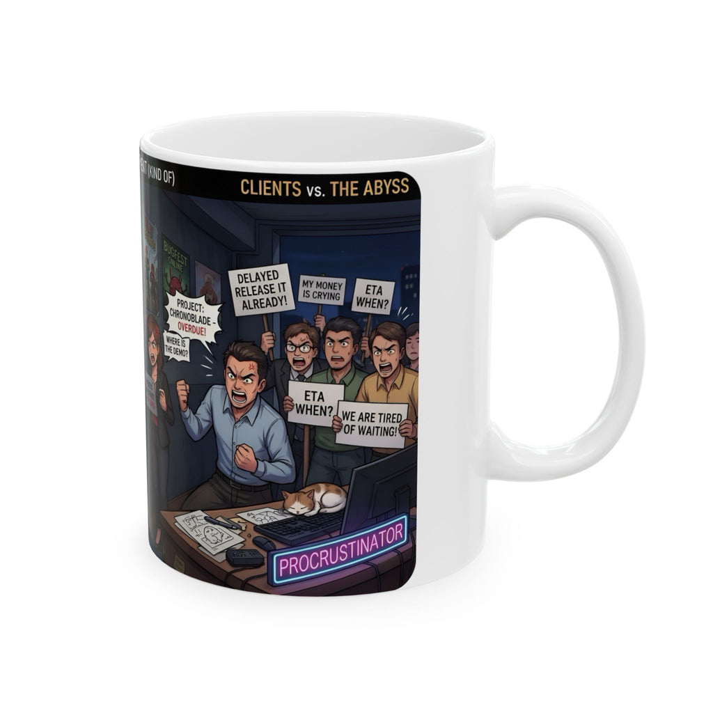 Indie Game Developer Life White Ceramic Mug — Funny Gaming Studio Office Cup, 11oz & 15oz