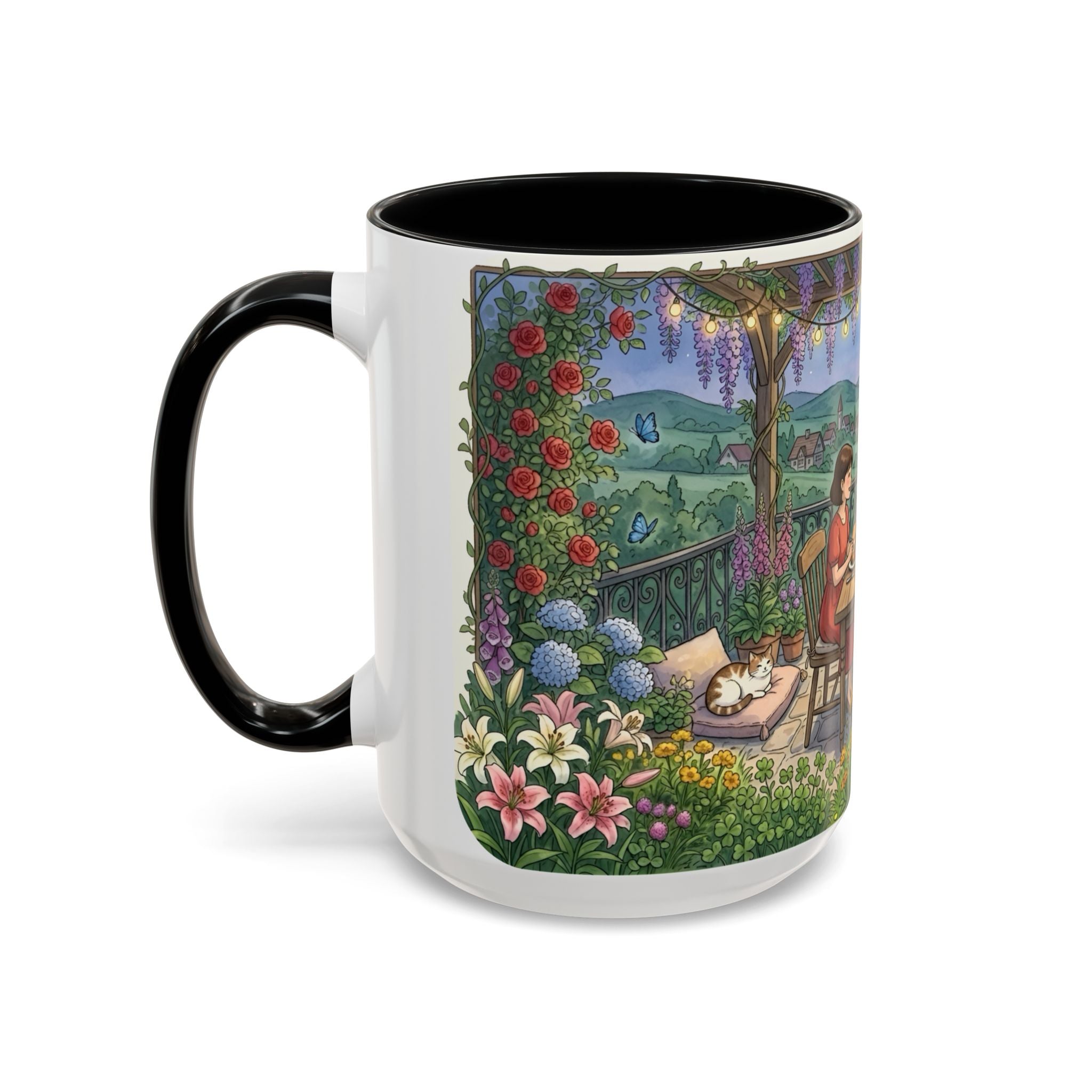 Cozy Romantic Garden Dinner Ceramic Mug — Couples Outdoor Bistro Cup (11 oz, 15 oz)