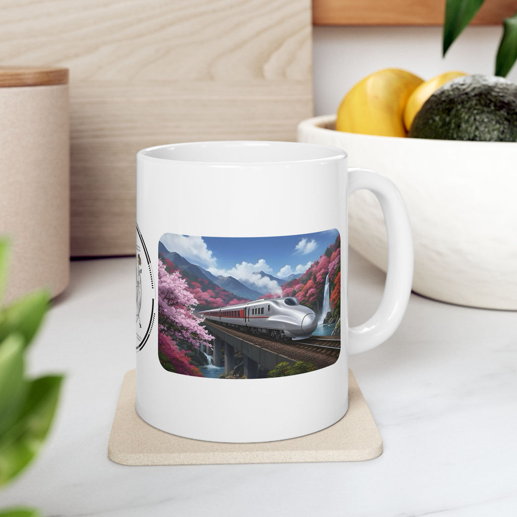 Springtime Cherry Blossom Bullet Train Express White Ceramic Mug, Serene Mountain Viaduct Sakura Railway Cup (11oz/15oz)
