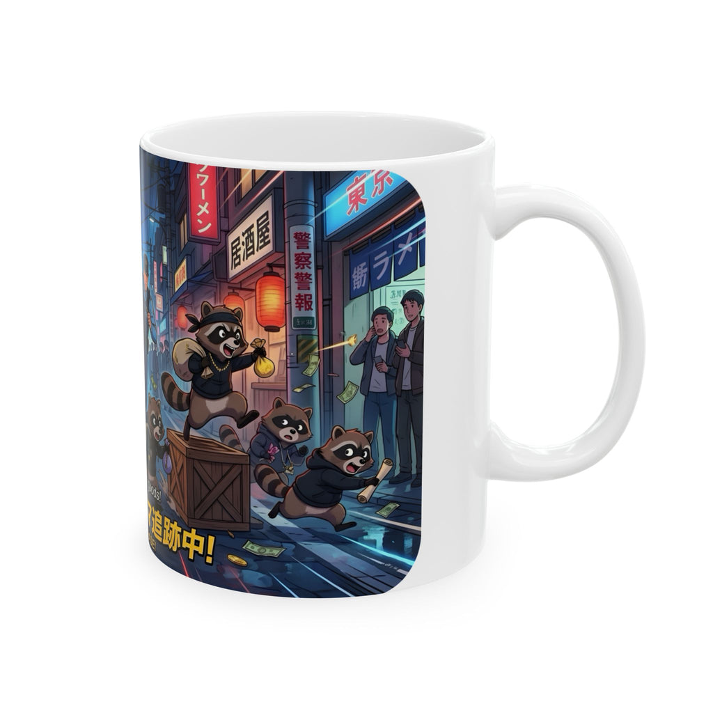 "Raccoon Chase" Anime City Police White Ceramic Mug (11oz/15oz), Urban Ringtails Cup