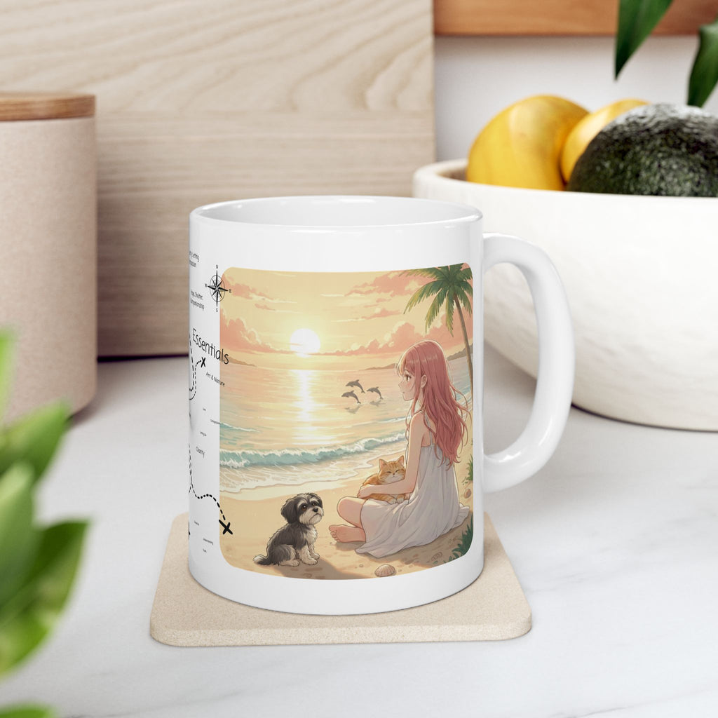 Havanese Shih Tzu & Orange Cat Tropical Seascape White Ceramic Mug, Cozy Owner and Pet Mom on Beach Cup (11oz, 15oz)