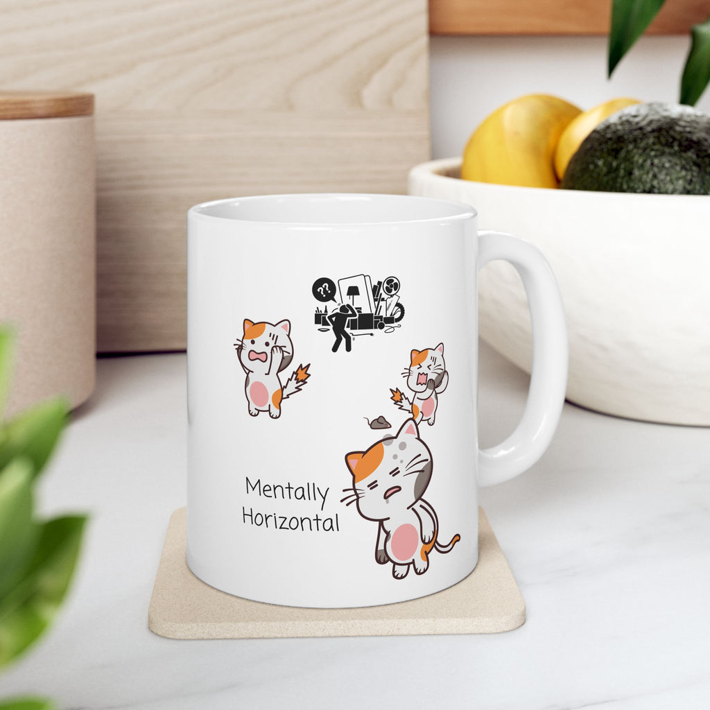 Funny "Mentally Horizontal" Cat Chaos White Ceramic Mug — Frantic Kitties in a Trashed Room (11oz & 15oz)