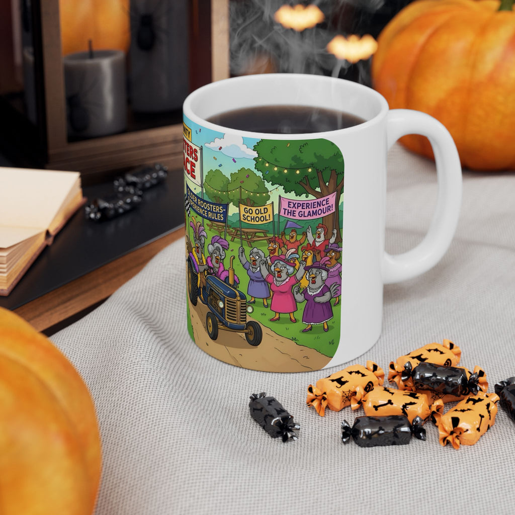 Hens & Roosters Drag Race White Ceramic Mug — Funny Farm Fraternity Racing Tea Cup (11oz/15oz)
