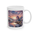 Cozy Sakura Guitarist Cherry Blossom White Ceramic Mug — Romantic Sunset Lake Melody Floral Tea Cup (11oz/15oz)