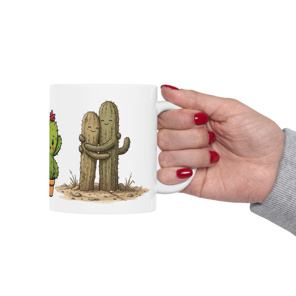 Cactus Couple White Ceramic Mug — Cute Potted Terracotta Tea Cup (11oz & 15oz)
