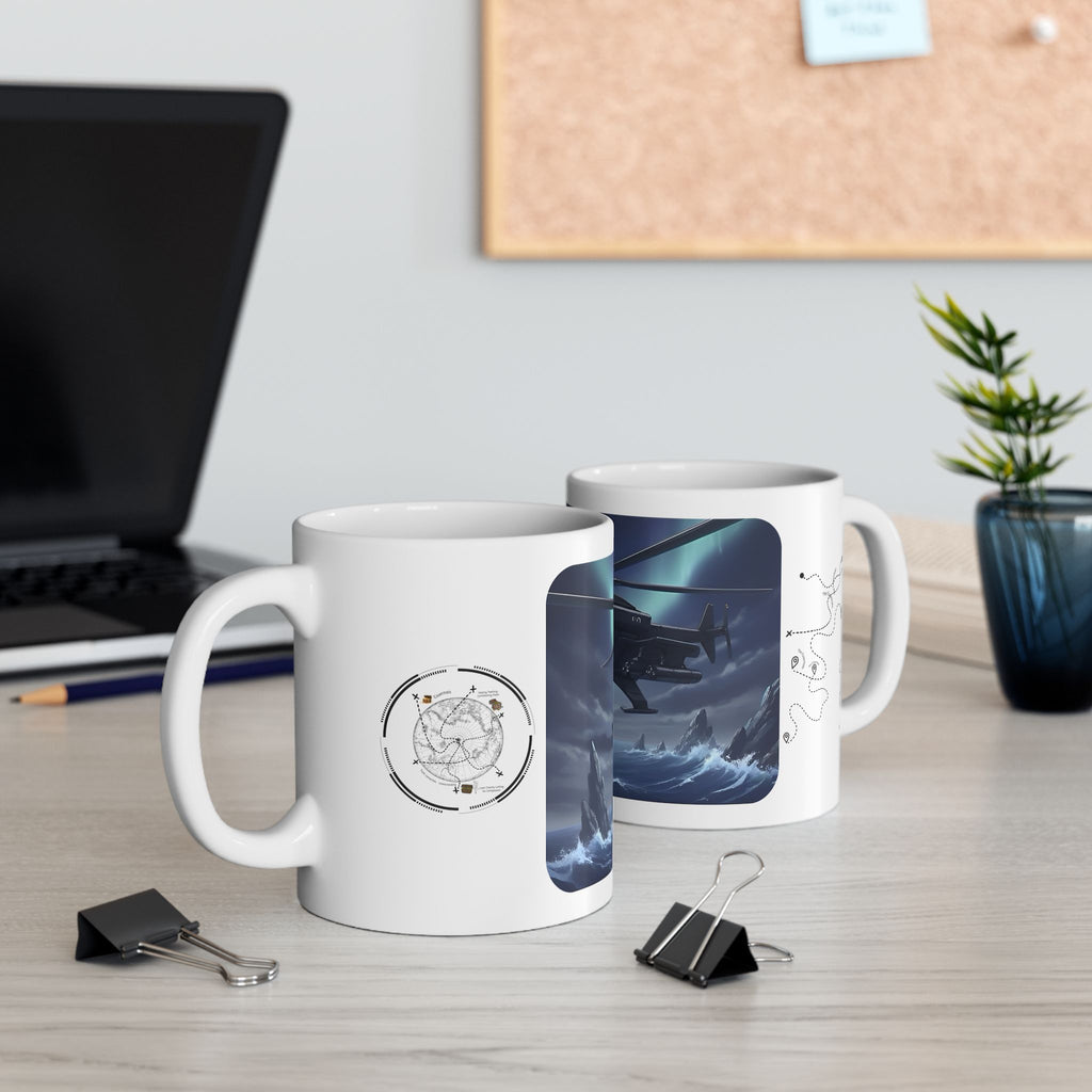 Touring Heli Under Aurora Borealis Northern Lights White Ceramic Mug – Friends, Family & Imaginative Adventures, Celebrating Companionship, Creativity & Life’s Little Wonders Cup (11oz/15oz)
