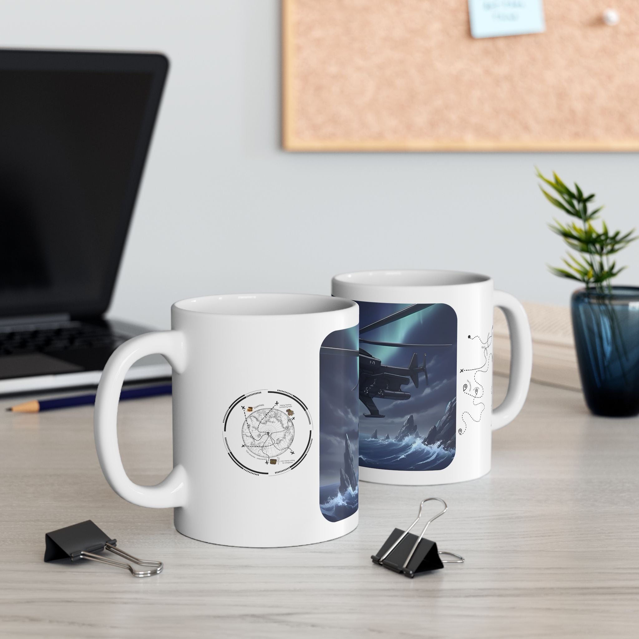 Touring Heli Under Aurora Borealis Northern Lights White Ceramic Mug – Friends, Family & Imaginative Adventures, Celebrating Companionship, Creativity & Life’s Little Wonders Cup (11oz/15oz)