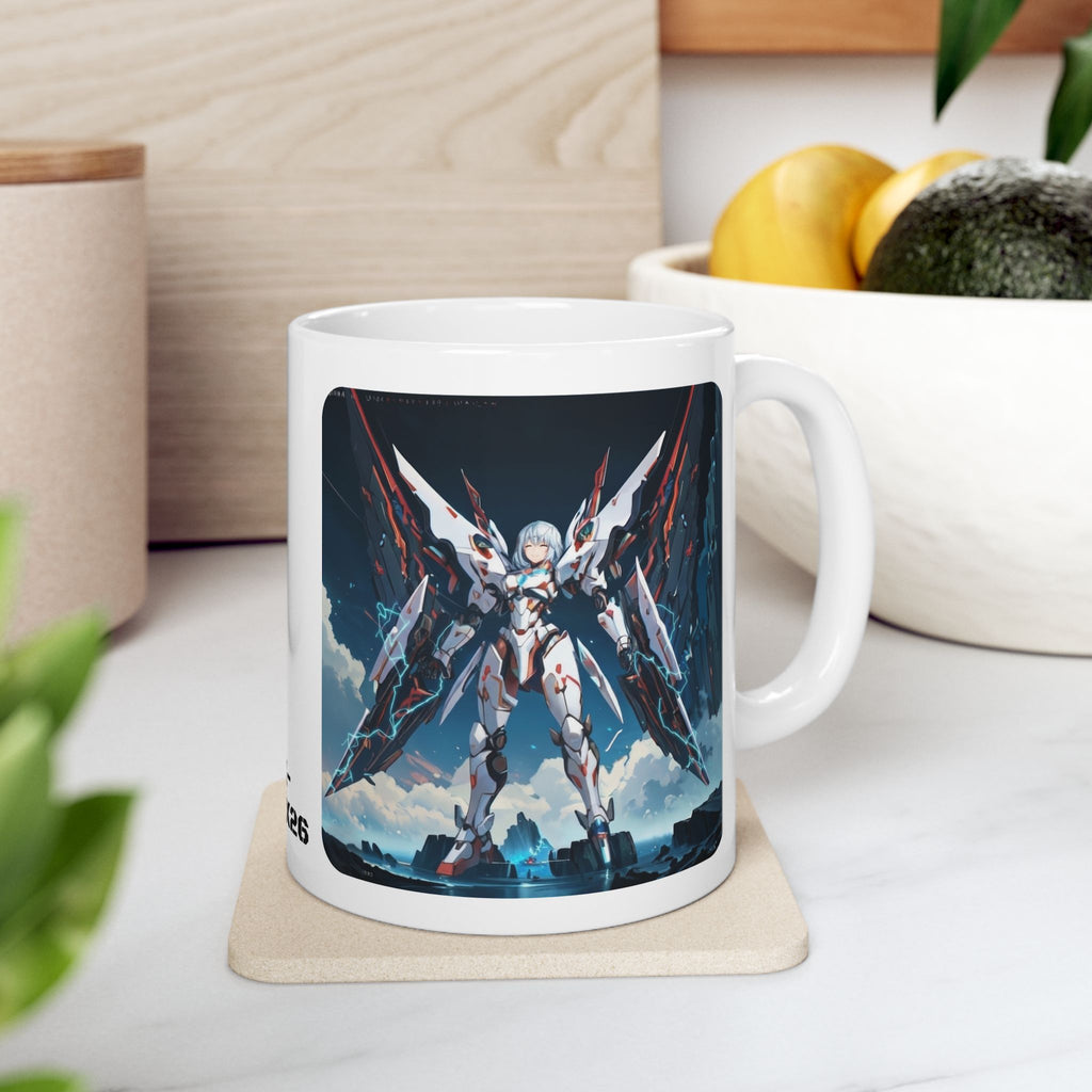 Sentience Rising MEK-EVA13X26 Prototype White Ceramic Mug | Sci-Fi NeoSentinel Uprising