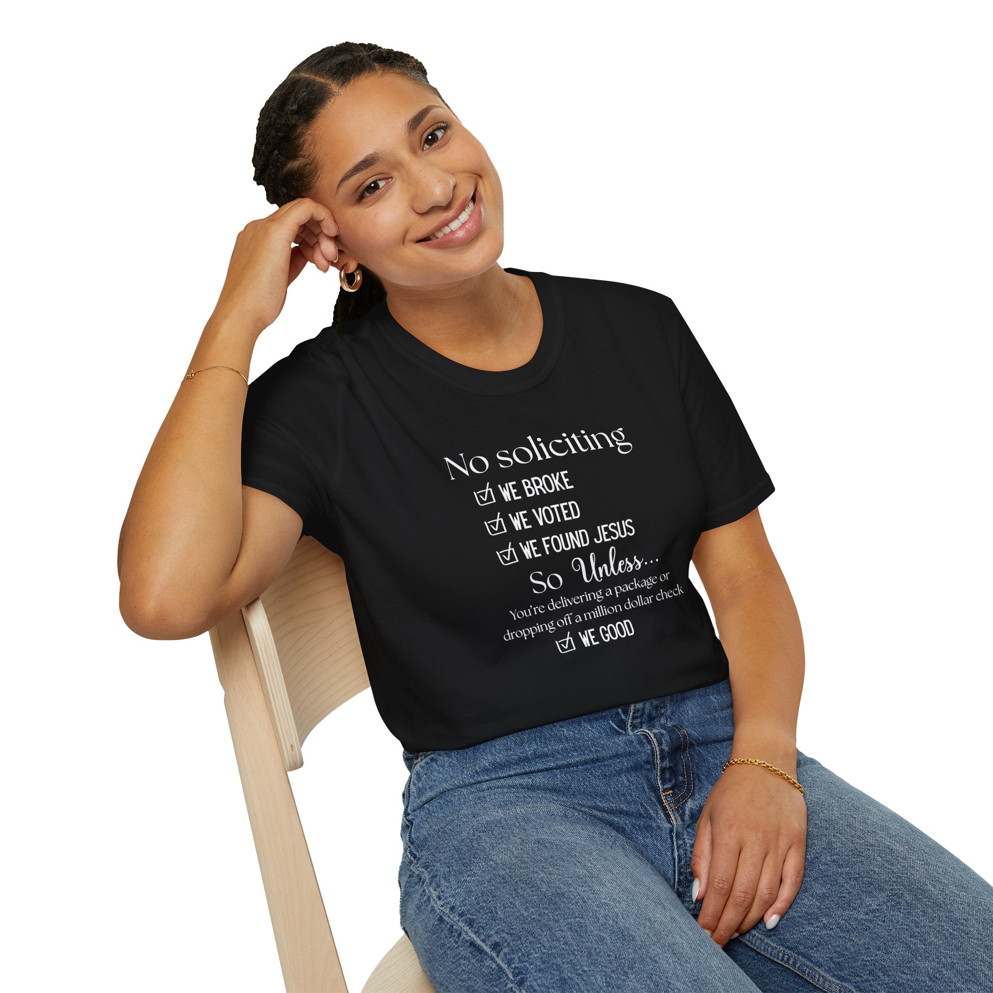 No Soliciting T-Shirt #2 — "Unless..." Funny Checklist Tee (All of the Above)