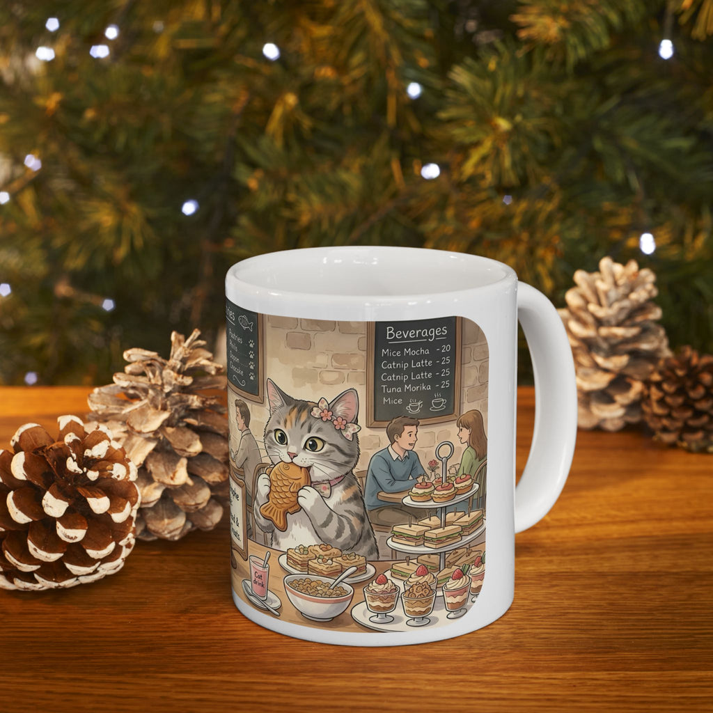 Cat-Astrophe Café White Ceramic Mug — Cute Cat Bakery Date Cup (11oz & 15oz)