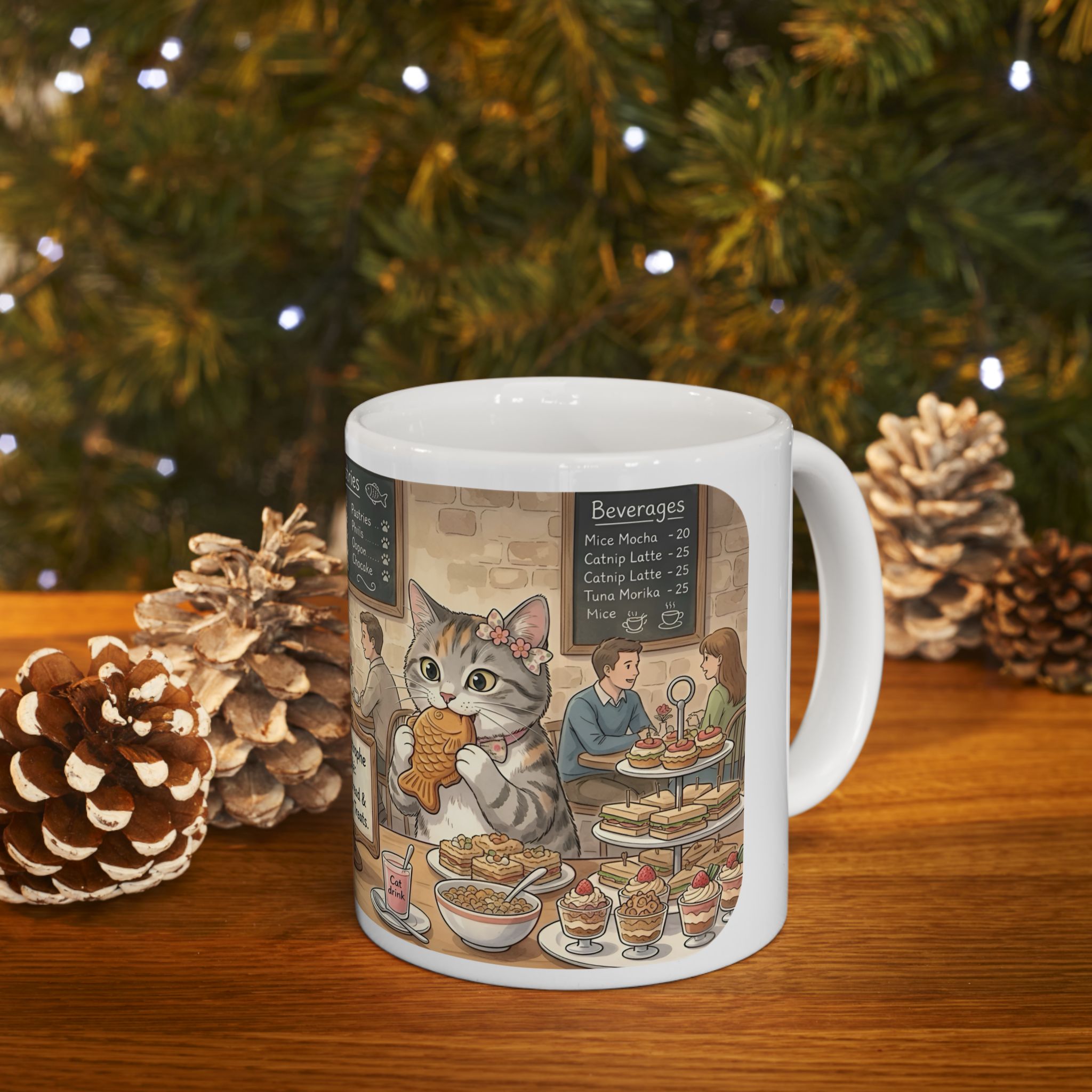 Cat-Astrophe Café White Ceramic Mug — Cute Cat Bakery Date Cup (11oz & 15oz)