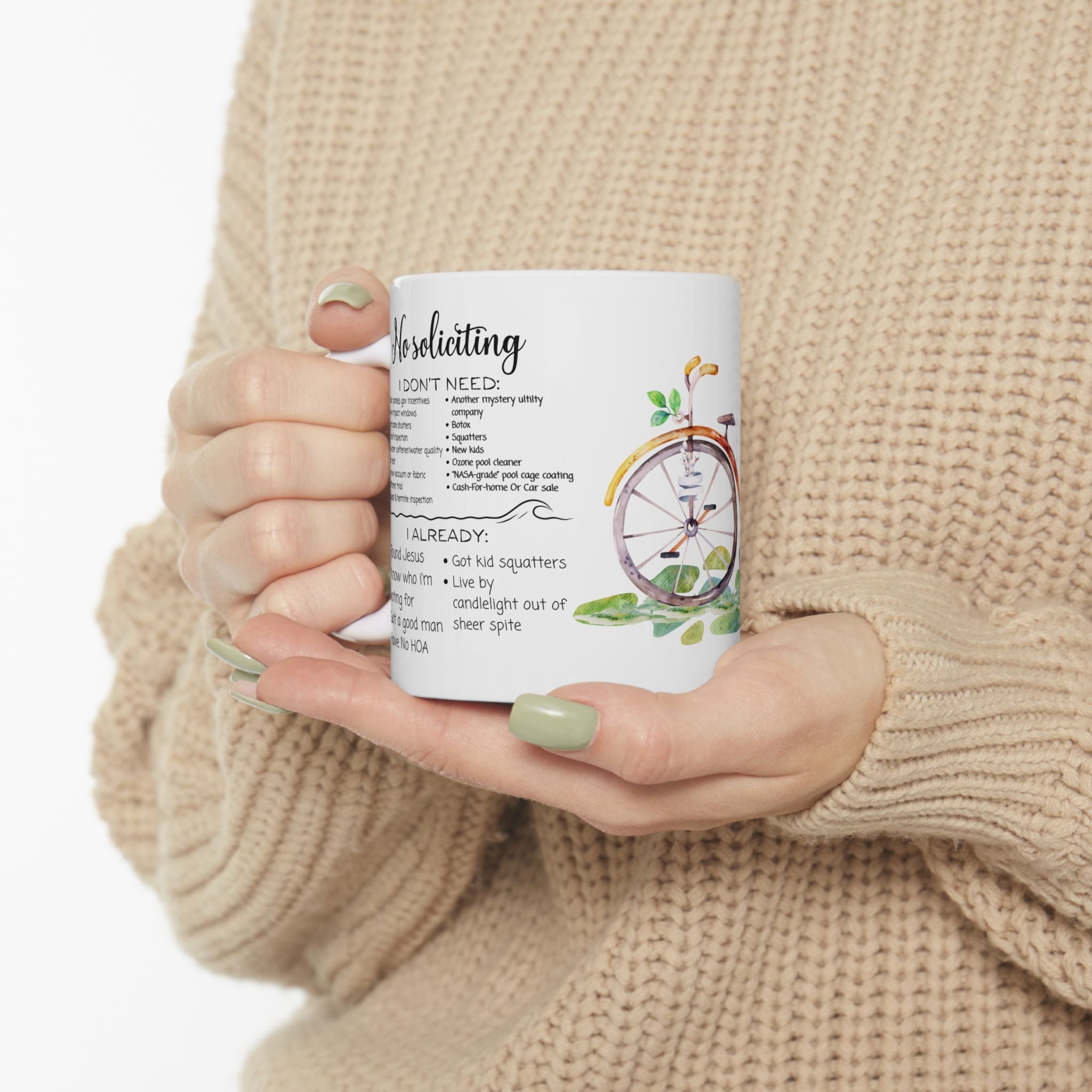 No Soliciting, I Got A Good Man White Ceramic Mug - Know Who I'm Voting For, And Live By Candlelight Cup (11 oz/15oz)